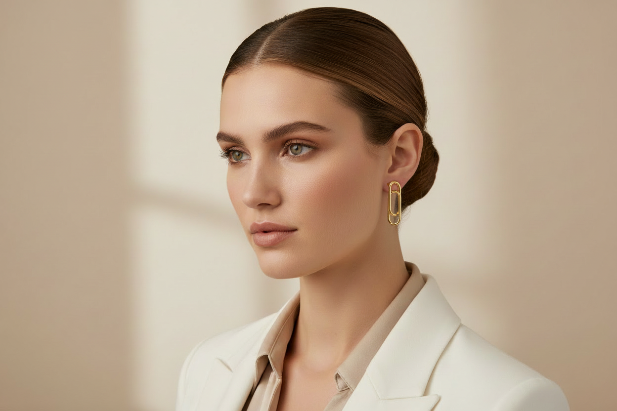 Smaller paperclip earrings on model
