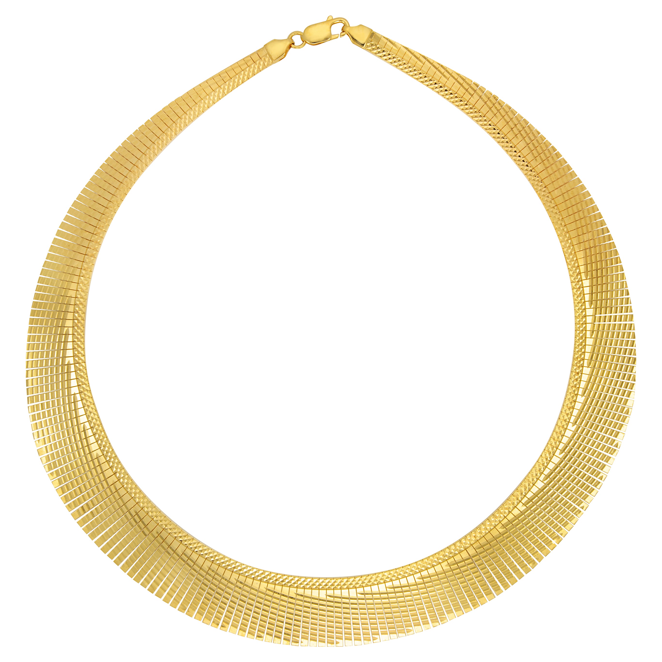 Gold necklace with a wide design featuring flat, square-patterned links, creating a striking statement piece.