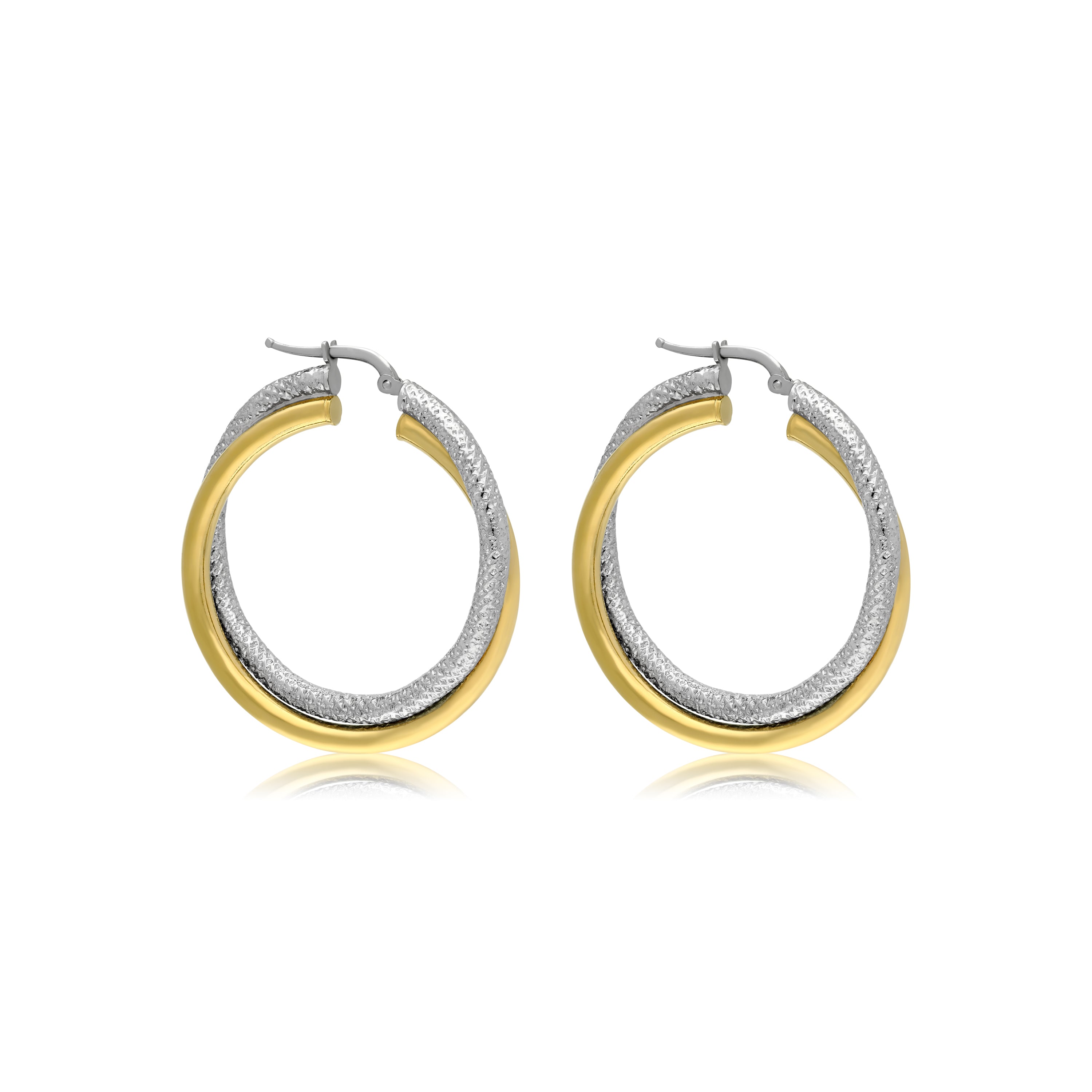 A pair of elegant hoop earrings showcasing a two-tone design. One side features a shiny gold finish, while the other side displays a textured silver finish, creating a striking contrast. The hoops are circular and medium-sized, with a secure clasp closure. The combination of the polished and textured surfaces adds depth and sophistication, making them a versatile accessory suitable for both casual and formal outfits.