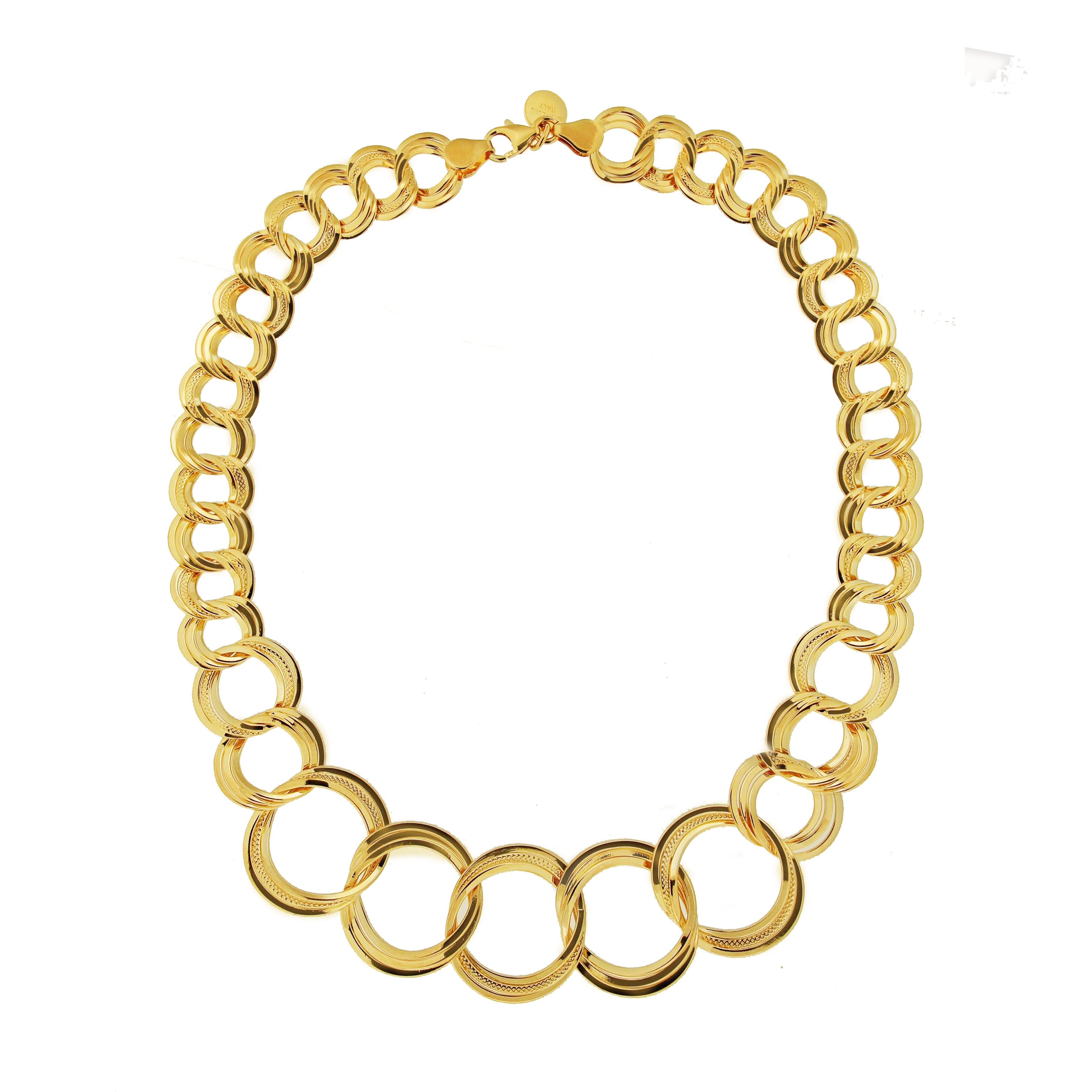 Gold necklace with interlocking circular links of varying sizes and designs.