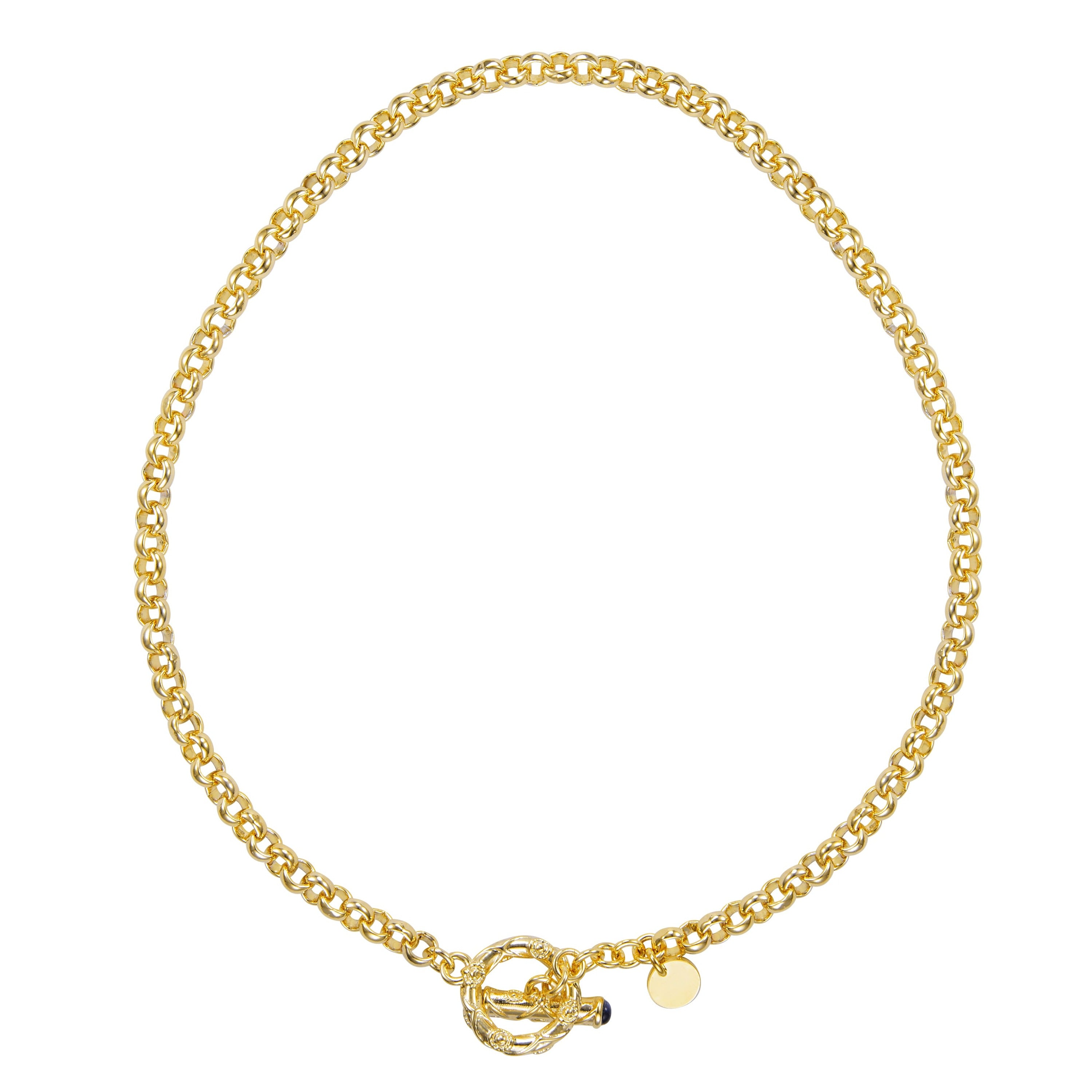 Gold chain necklace with a textured circular toggle clasp, featuring a delicate design.