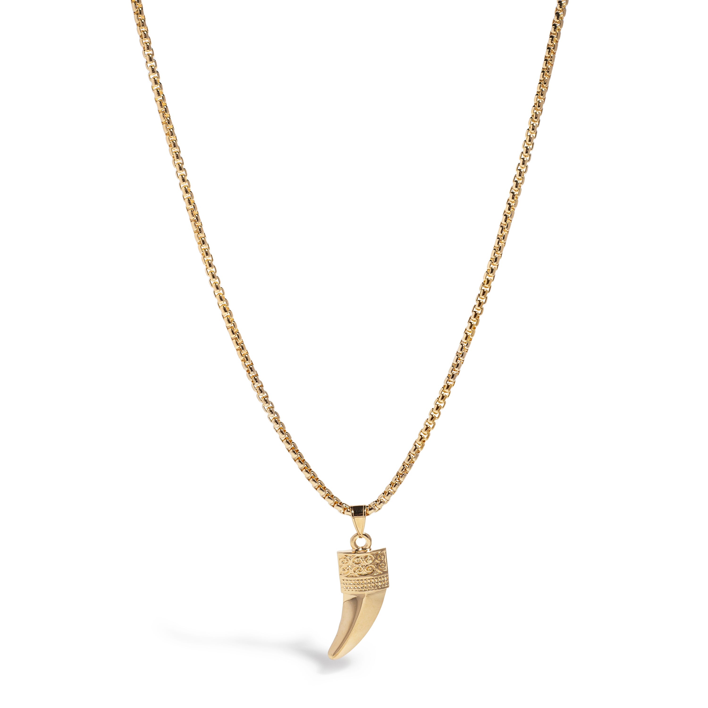 Elegant gold-toned necklace featuring a classic chain design with a unique horn-shaped pendant embellished with textured detailing.