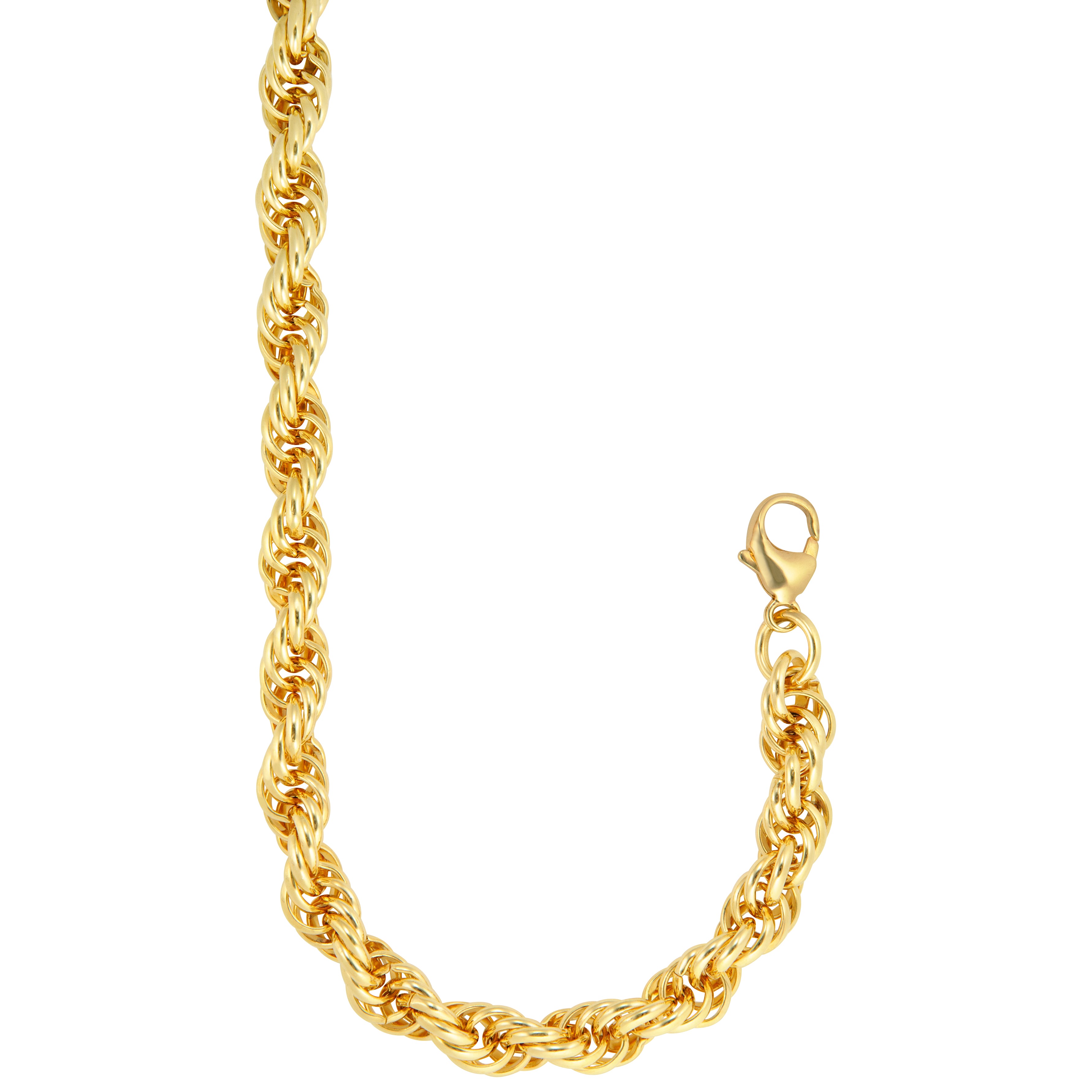 A luxurious gold necklace featuring a twisted rope design that adds texture and elegance. The necklace is crafted from smooth, shiny links that create a beautiful twist effect, giving it a unique appearance. It is finished with a secure lobster clasp for easy wear. This statement piece is perfect for enhancing both casual and formal outfits.