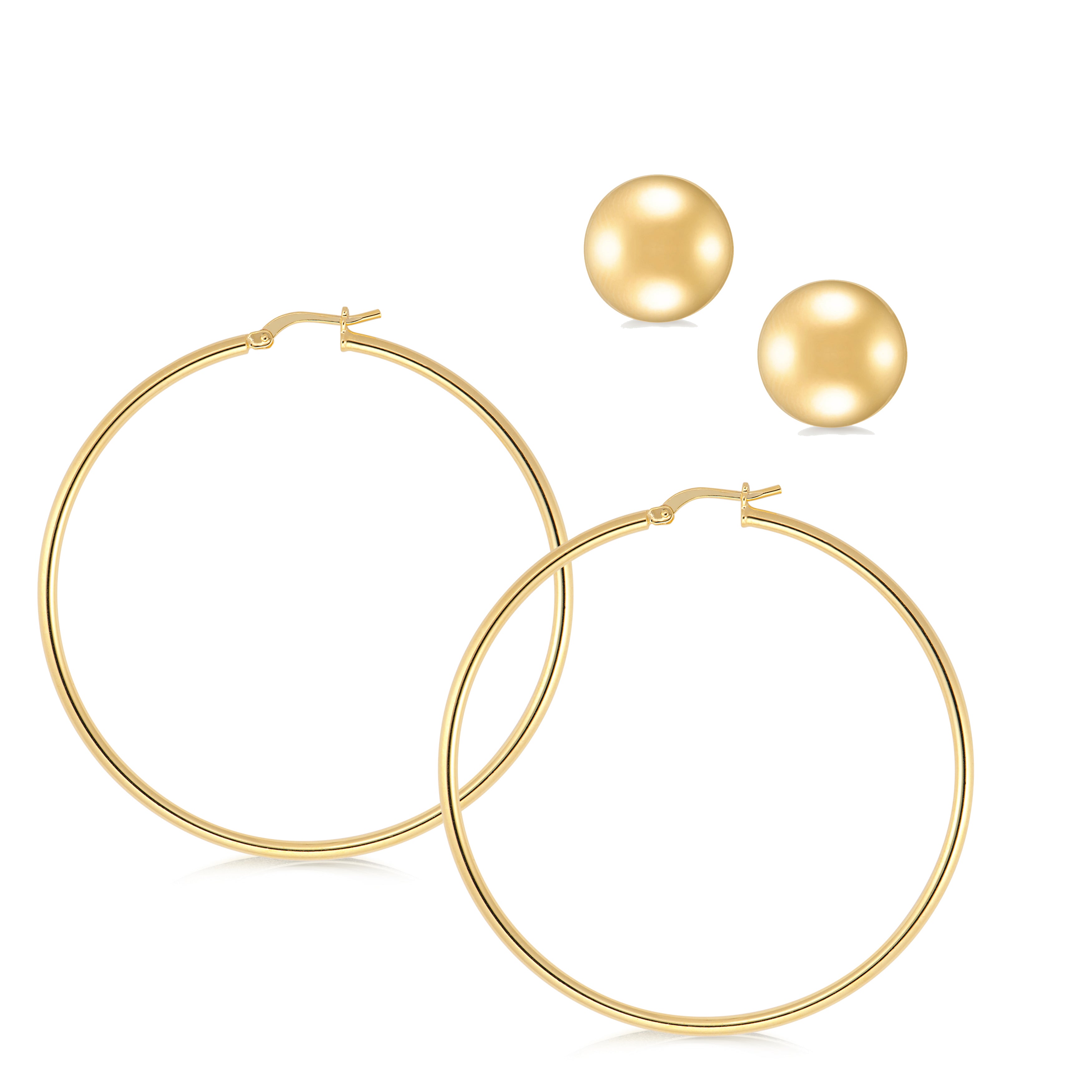 A stylish set of gold earrings featuring two pairs. The first pair consists of large, smooth gold hoop earrings that showcase a classic, elegant design with a polished finish. The second pair features small gold stud earrings with a round, slightly domed shape, adding a touch of sophistication. Both pairs offer versatility and can complement various outfits, making them essential additions to any jewelry collection.