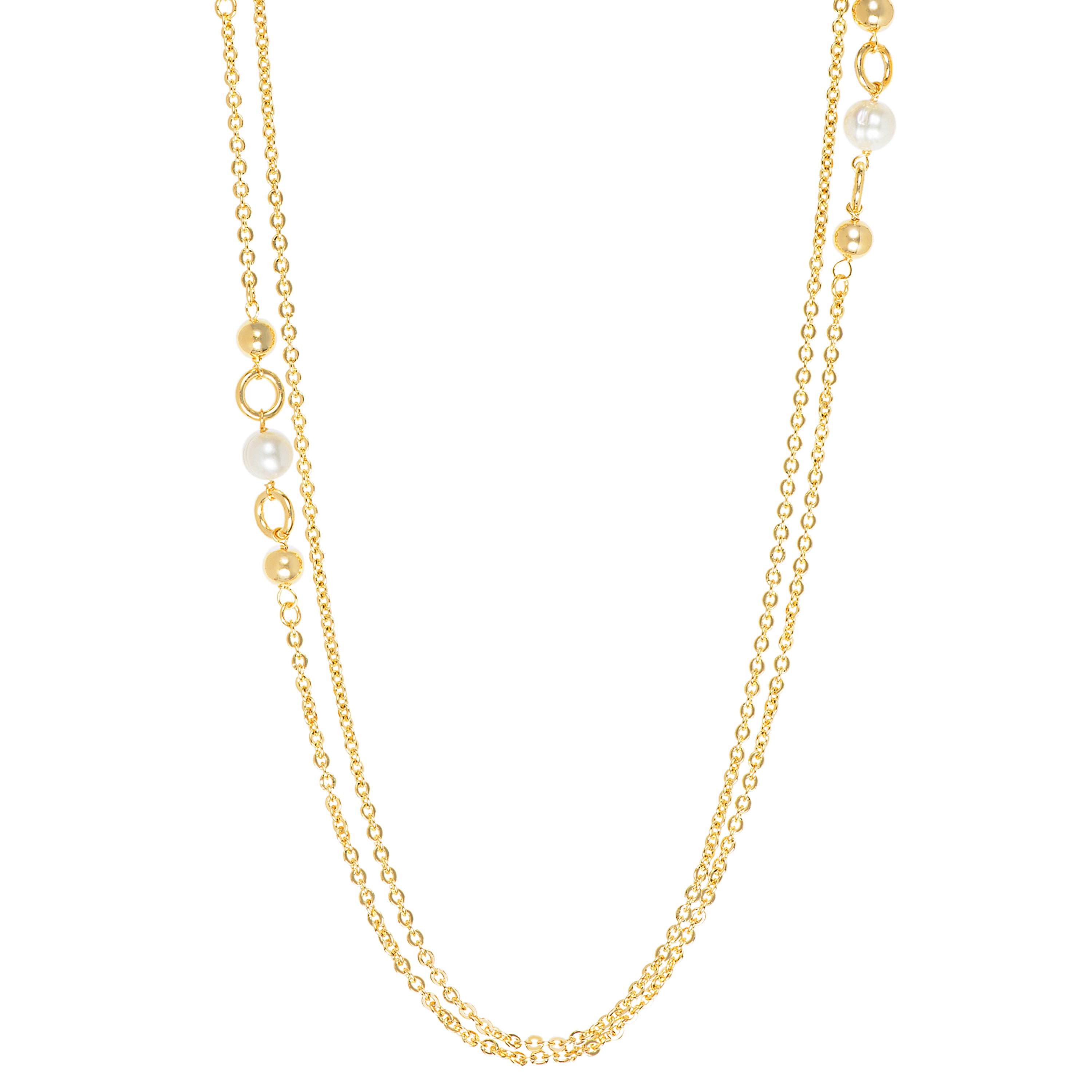 Gold necklace with multiple strands featuring elongated links and small round pearls, creating an elegant layered design.