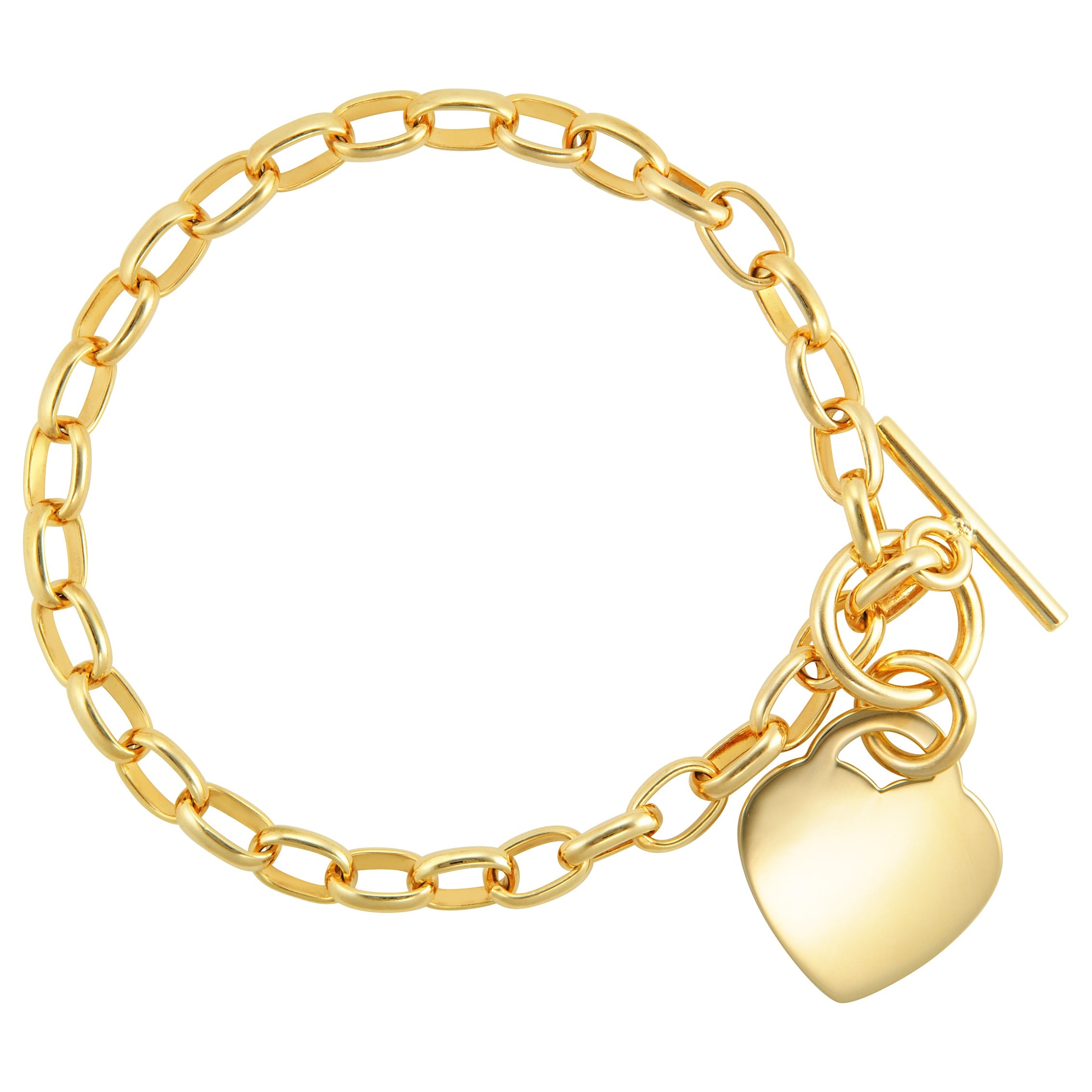 Close-up of a gold link bracelet featuring elongated chain links, secured with a toggle clasp, and adorned with a shiny heart-shaped charm.