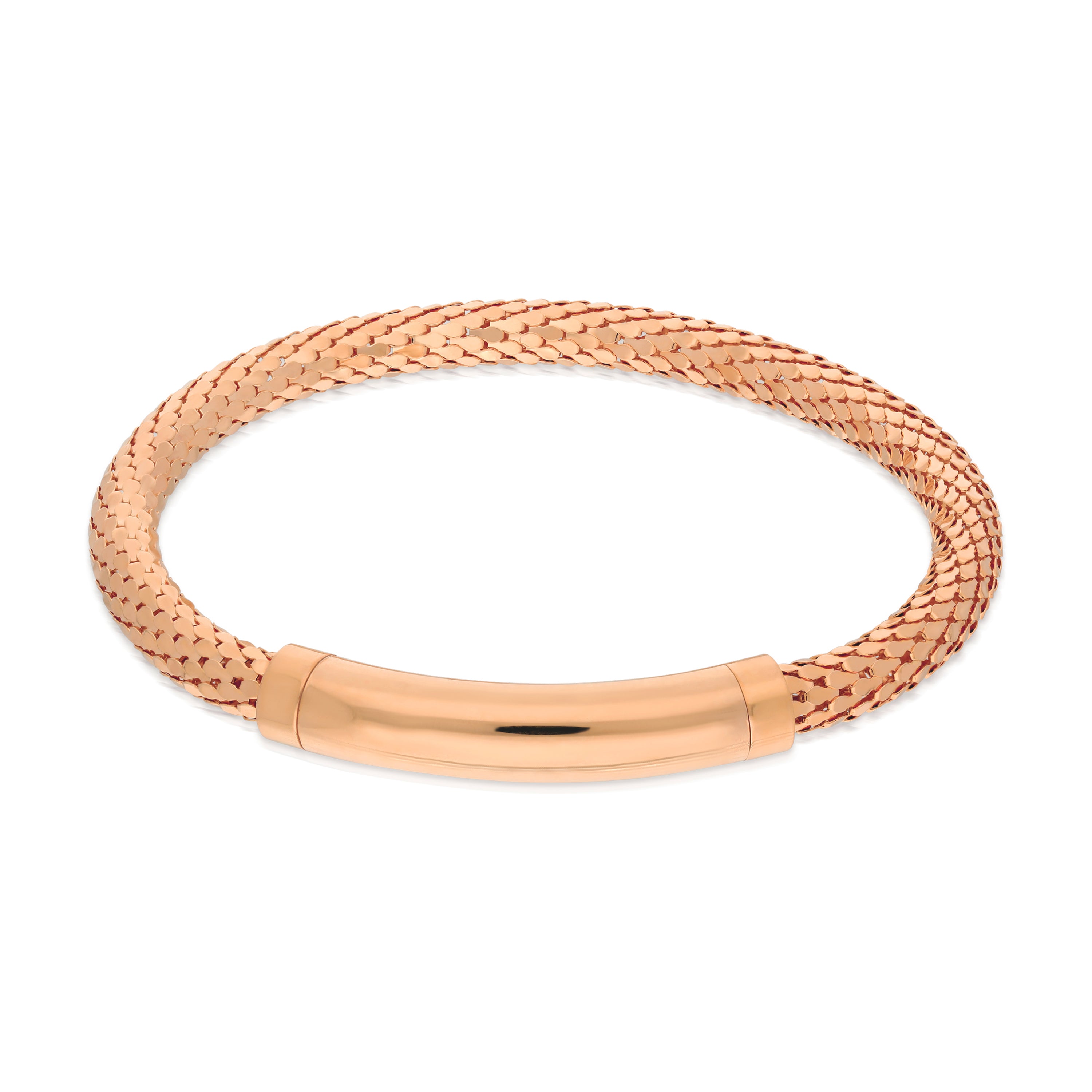 A stylish rose gold bracelet featuring a woven design with delicate interlaced strands. The bracelet has a sleek, polished closure at the front, creating a modern look.