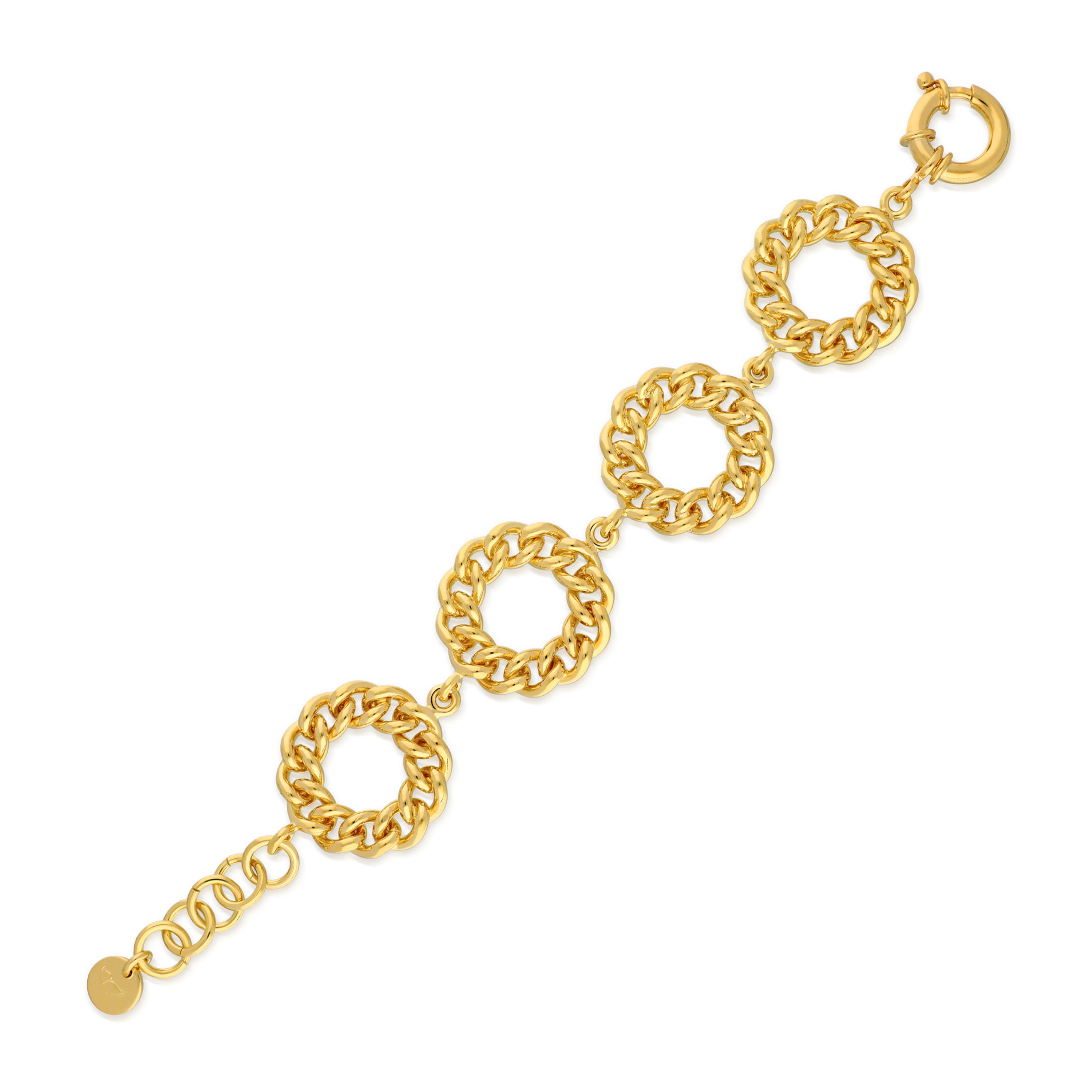 A gold-tone chain bracelet featuring interlocking links with a high-polished finish. The bracelet includes a secure clasp and a small charm, emphasizing its bold and stylish design.