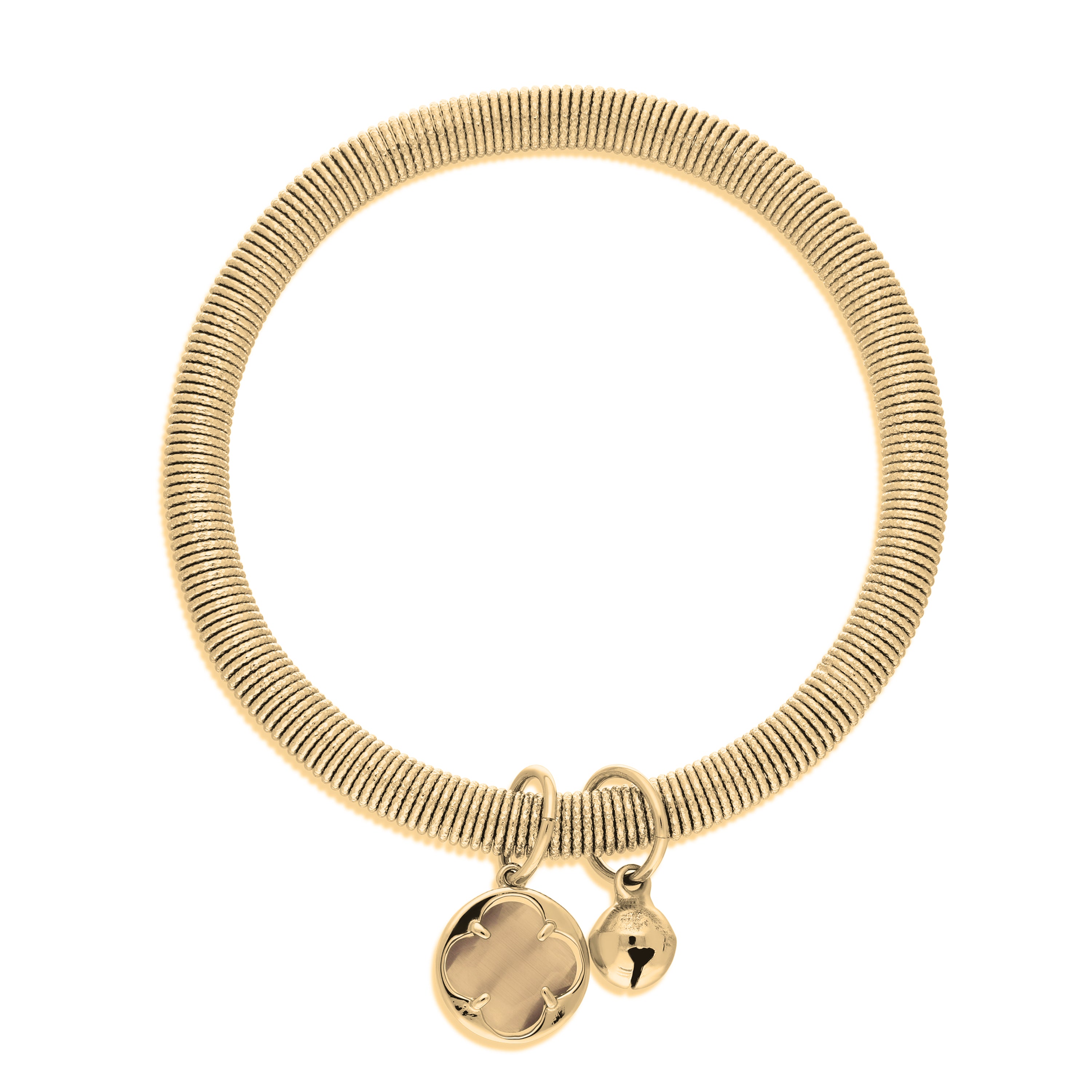 A stylish gold wire bracelet featuring a flexible coil design that wraps around the wrist. The bracelet is adorned with two charms: one is a polished circular charm with a decorative engraving, and the other is a small bell charm, adding a playful touch.