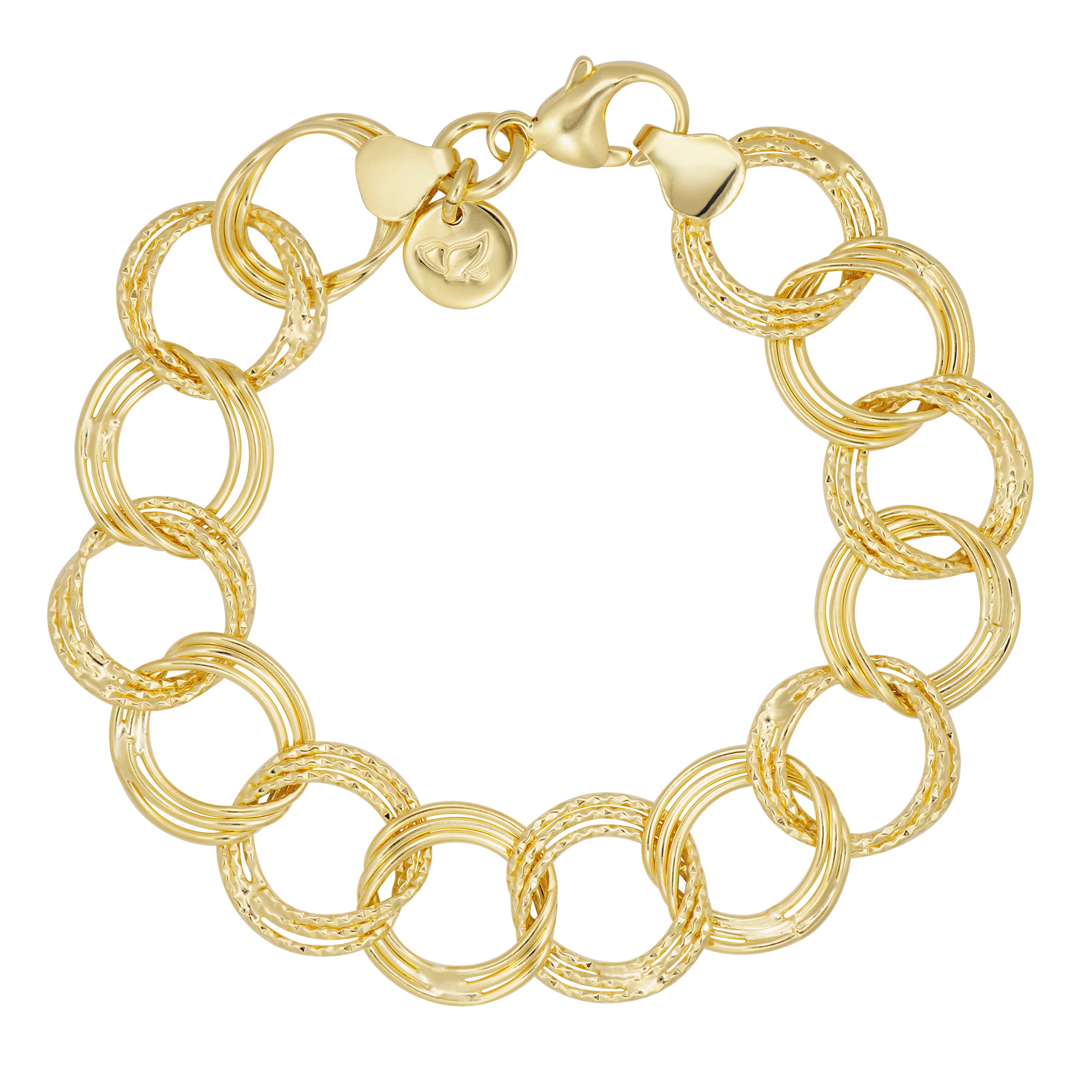 Gold link bracelet featuring textured circular links with a twisted design, secured with a lobster clasp and a small charm.