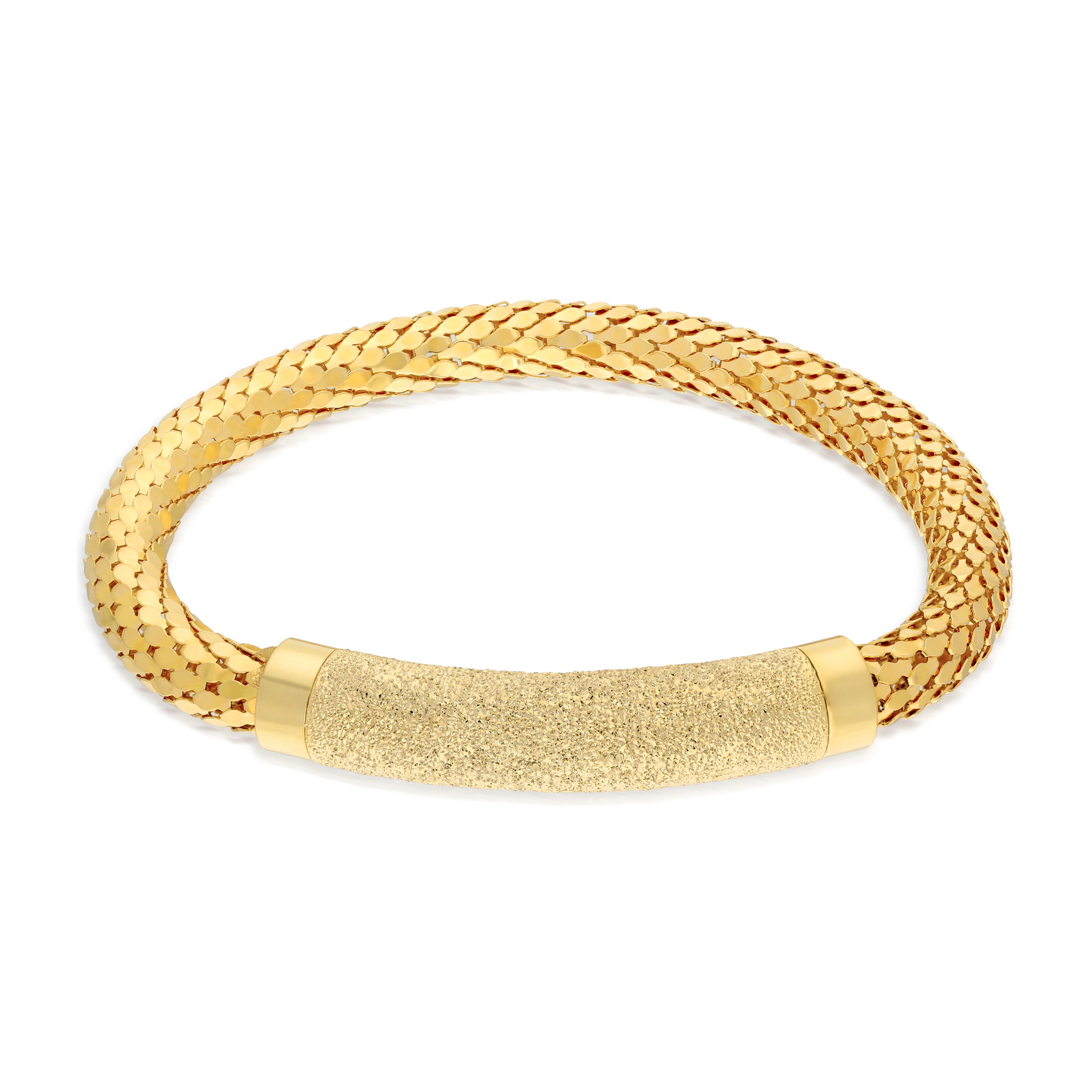 A chic gold bracelet featuring a woven design with interlaced strands. The bracelet has a central polished gold element that is textured, providing a contrast to the smooth, braided sections.