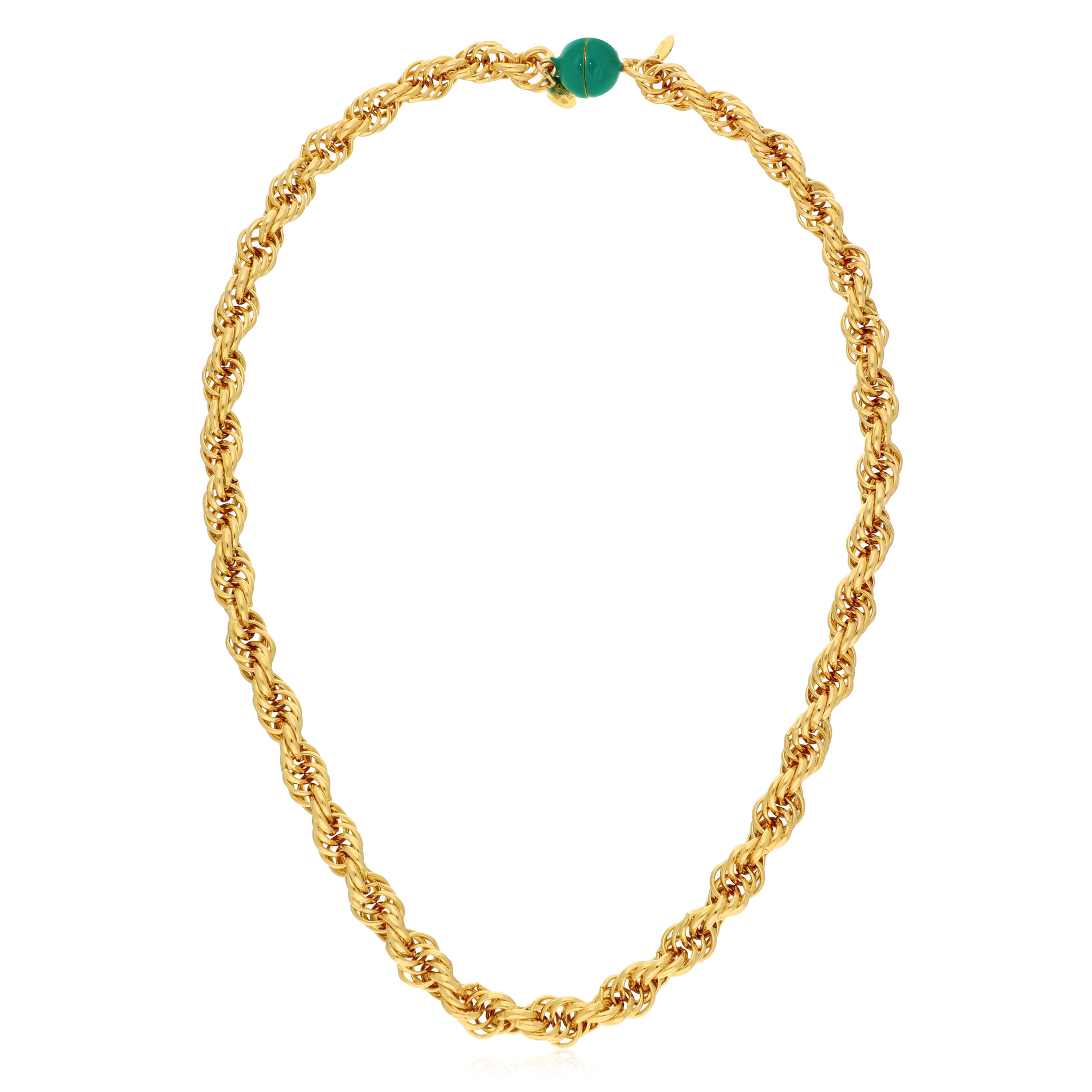 Gold necklace featuring a twisted rope design with a turquoise bead accent near the clasp, creating a blend of elegance and playful style.