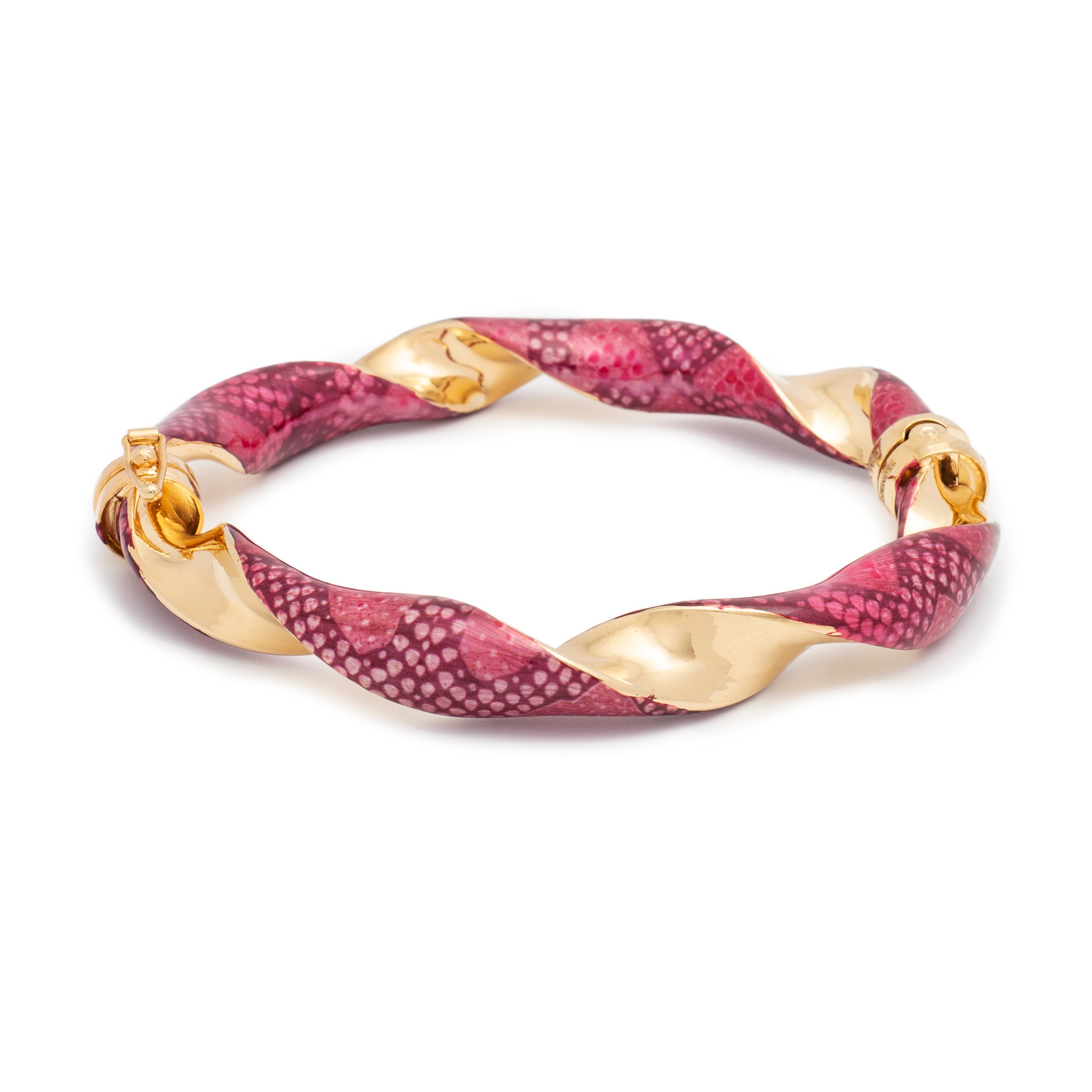 An elegant bracelet featuring a twisted design that combines shiny gold-tone metal with a vibrant pink and purple marbled pattern. The bracelet's unique texture and color contrast beautifully with the smooth, reflective gold accents, creating a striking and fashionable accessory.