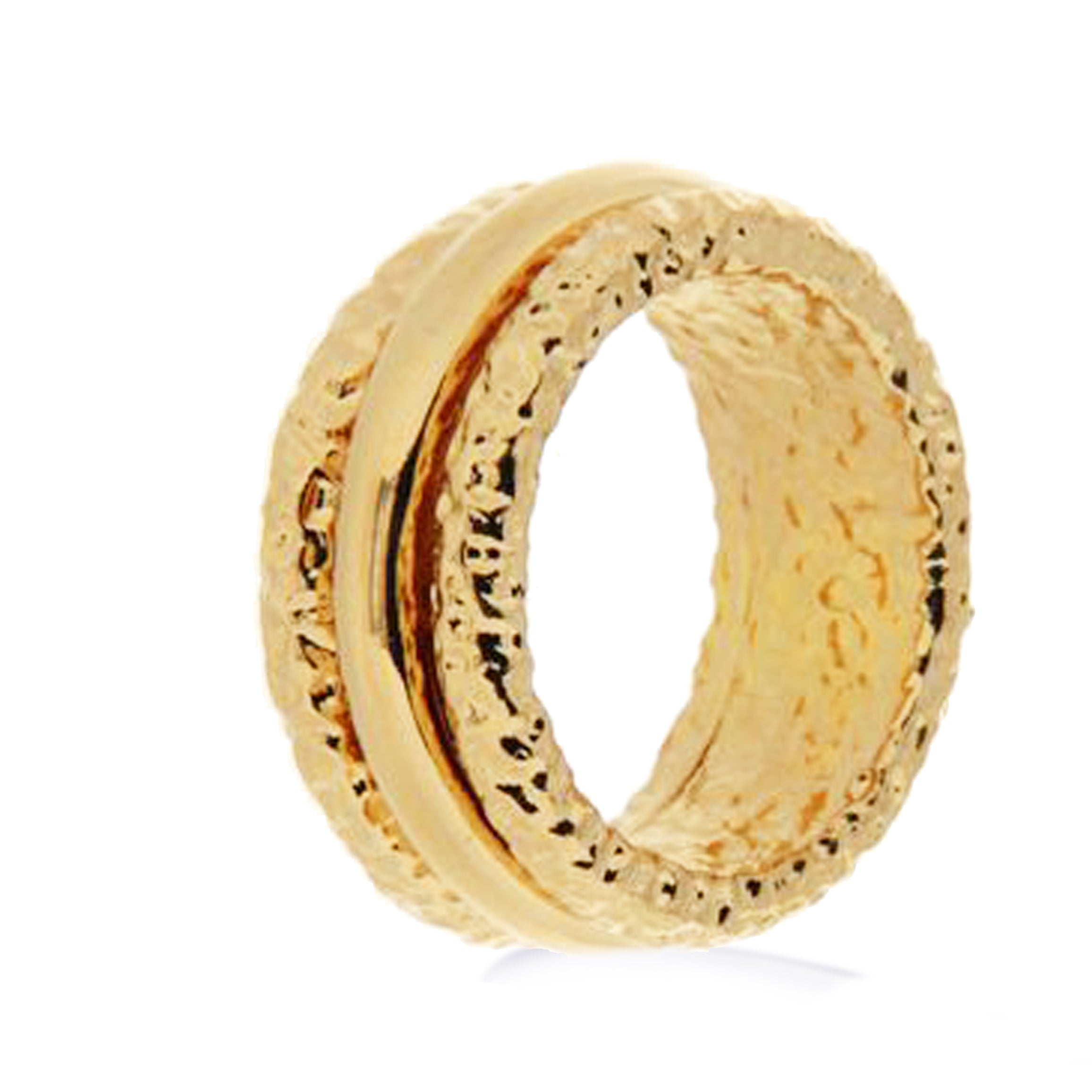 A unique gold ring featuring a hammered texture that adds depth and character. The ring is designed with a distinctive dual-band style, where a smooth, polished inner band contrasts with the textured outer band. This combination creates a modern and stylish look, making it a statement piece suitable for various occasions.