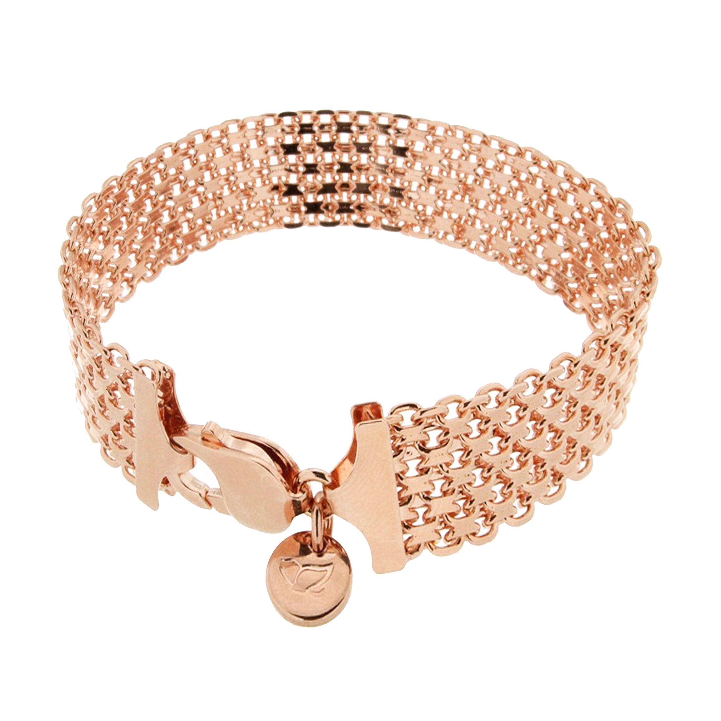 Delicate rose gold mesh bracelet featuring a textured design, secured with a lobster clasp and a small charm for added detail.