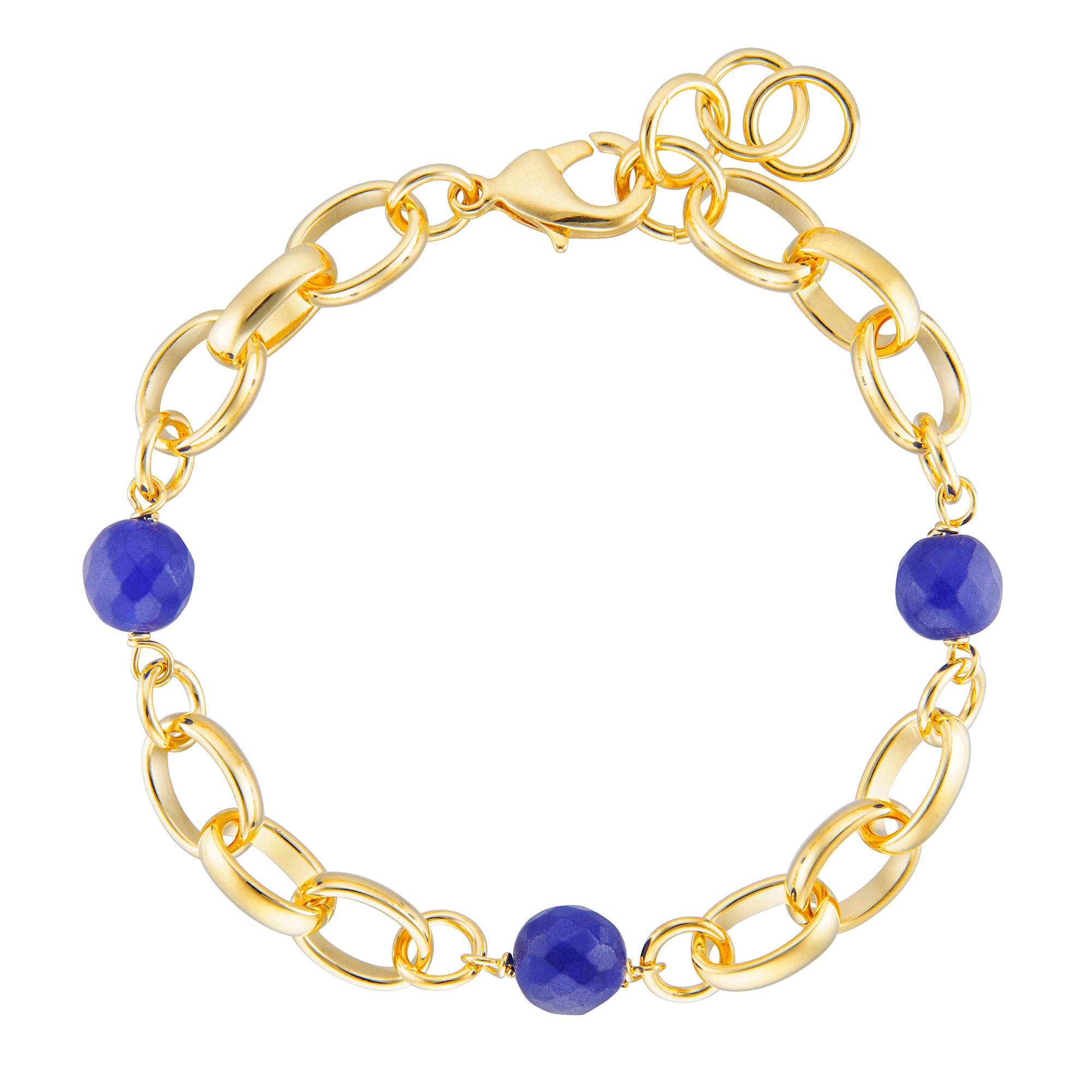 A fashionable gold bracelet featuring a combination of smooth gold links and vibrant blue beads. The design includes alternating gold chain links. The bracelet fastens with a secure lobster clasp and includes an adjustable chain for a perfect fit. This accessory adds a pop of color and elegance, making it a perfect choice for both casual and formal outfits.