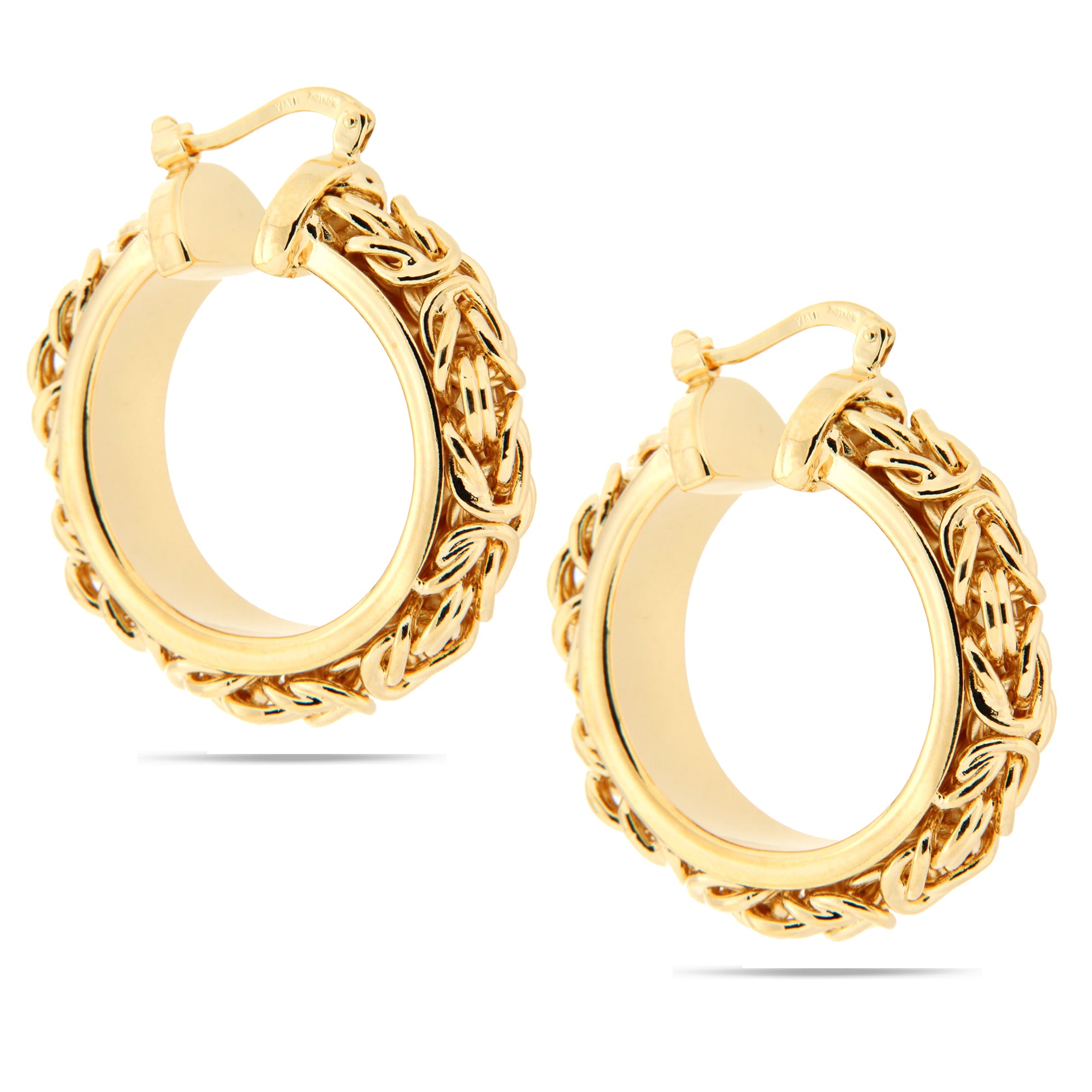 A pair of goldplated hoop earrings featuring an intricate design that adds texture and elegance. The hoops have a classic circular shape with a secure latch closure, making them both stylish and practical. The detailed pattern creates a sophisticated look, perfect for elevating any outfit.