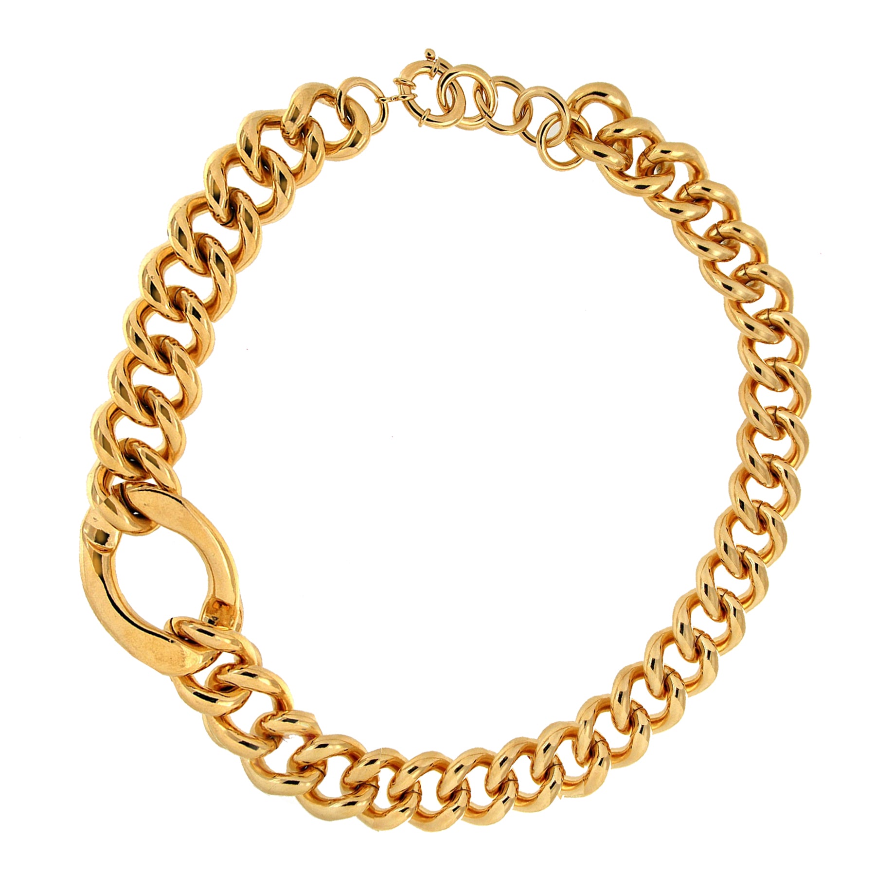 Gold chain necklace with large, chunky links and a distinctive round clasp.