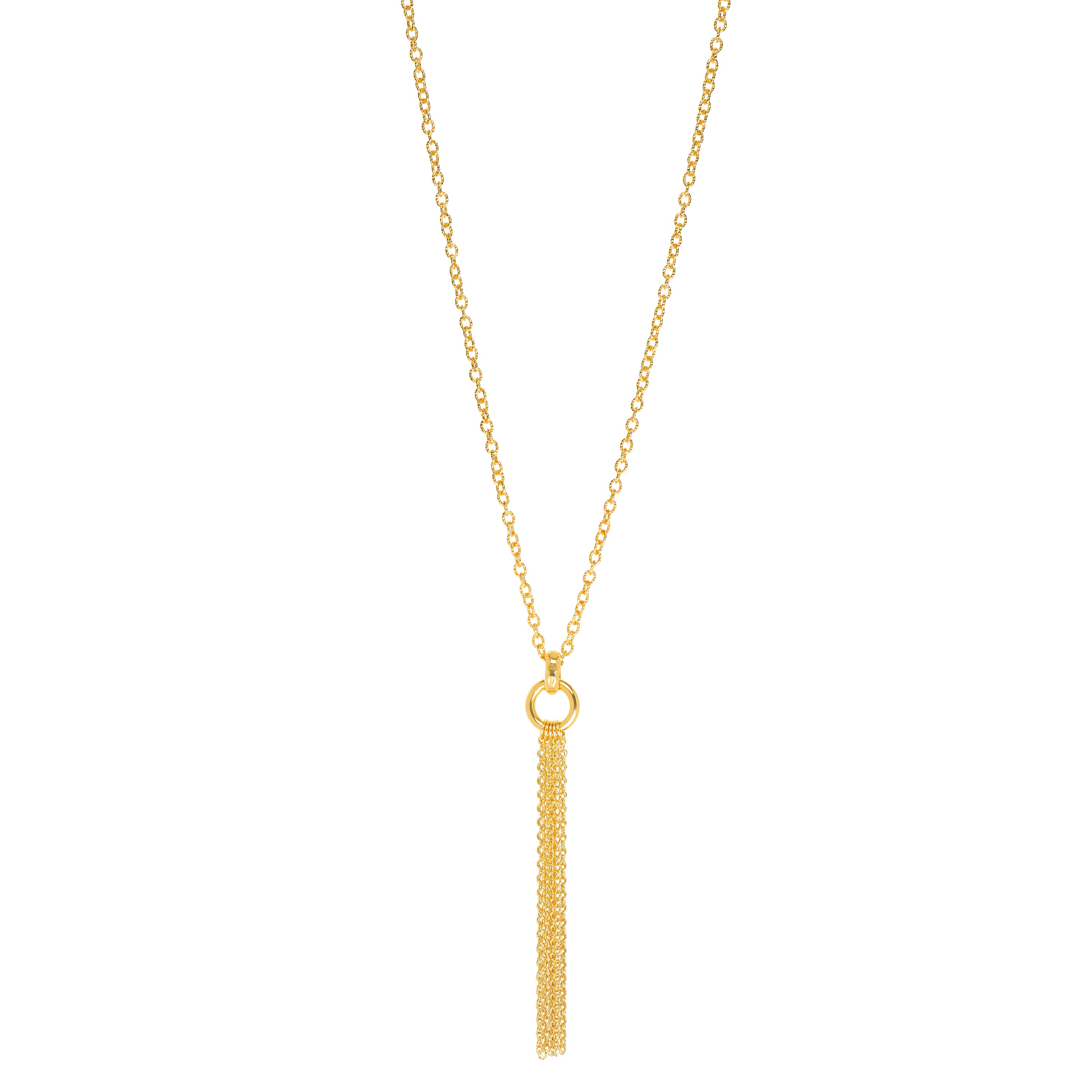 Minimalist gold-toned necklace featuring a delicate chain and a tassel pendant made of multiple strands, suspended from a circular loop.