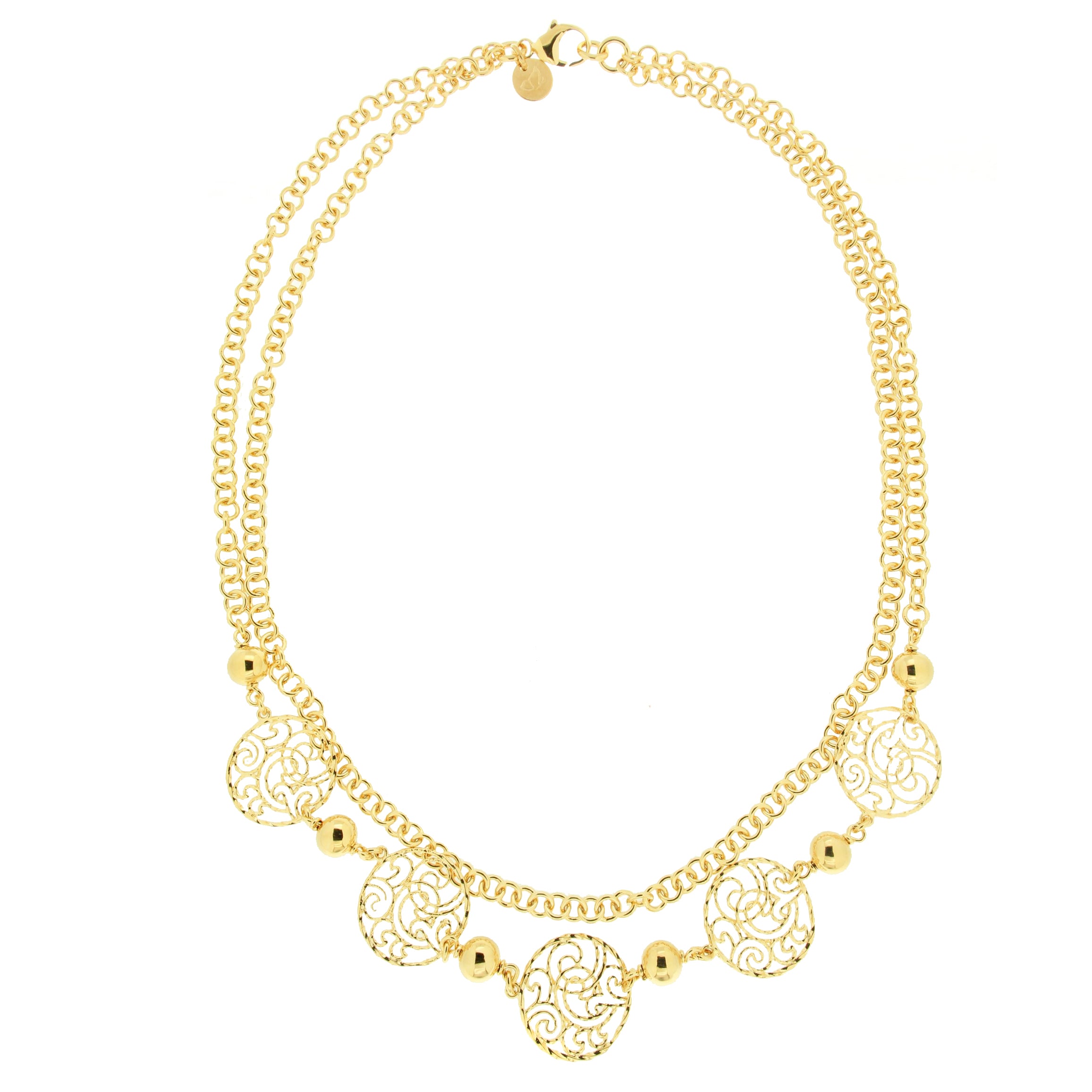 A stylish gold necklace featuring a delicate design with intricate filigree discs. The necklace consists of several round, ornate pendants adorned with swirling patterns, interspersed with smooth, shiny gold beads. The piece is crafted with a dual-chain design that enhances its elegance and visual appeal. It is completed with a secure clasp, making it suitable for both casual and formal occasions.
