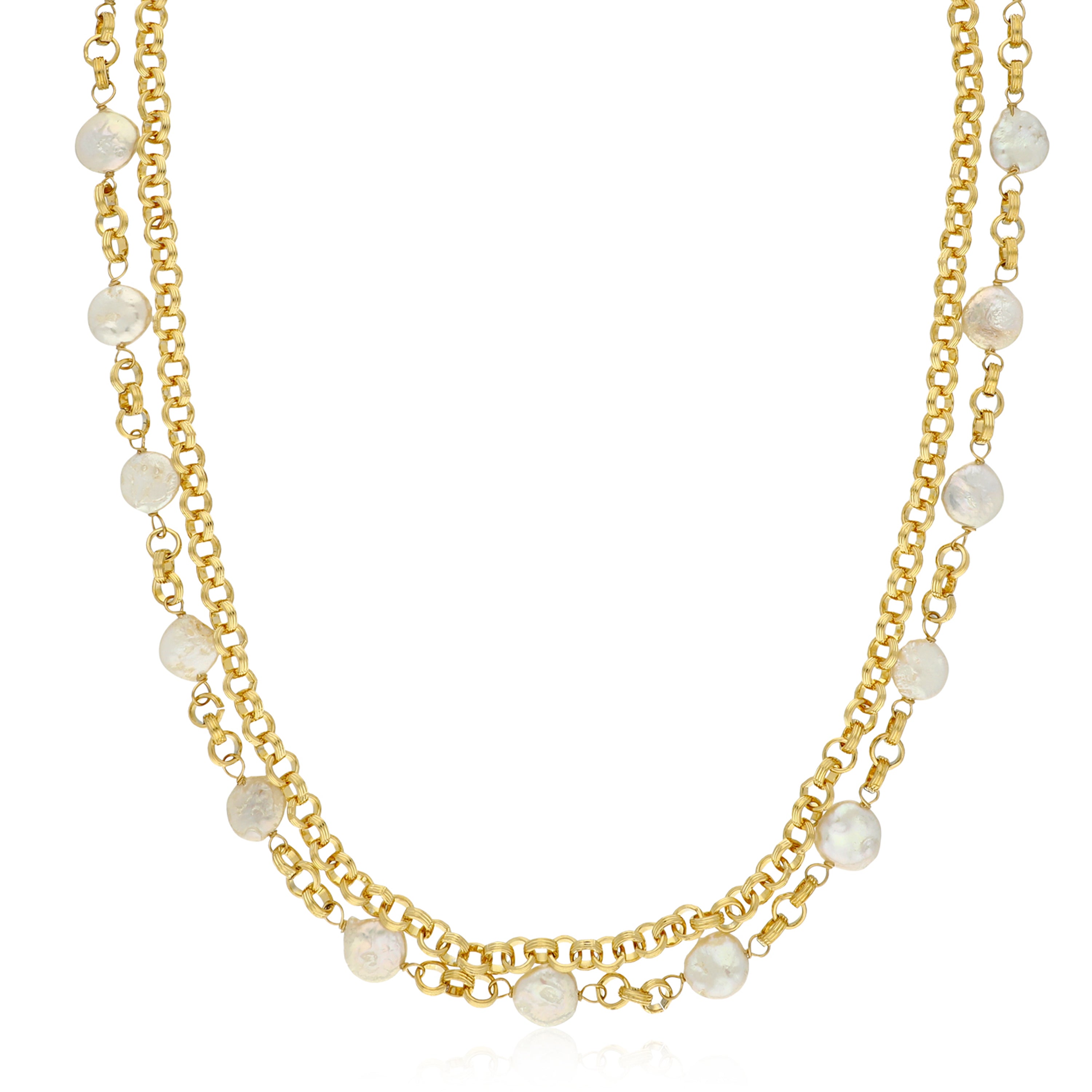 A stylish gold necklace featuring two layers of delicate chains, adorned with translucent round beads that reflect light beautifully. The chains are composed of interlocking links, providing a modern and elegant design. The beads are spaced evenly throughout the length of the necklace, adding a touch of sophistication and charm.