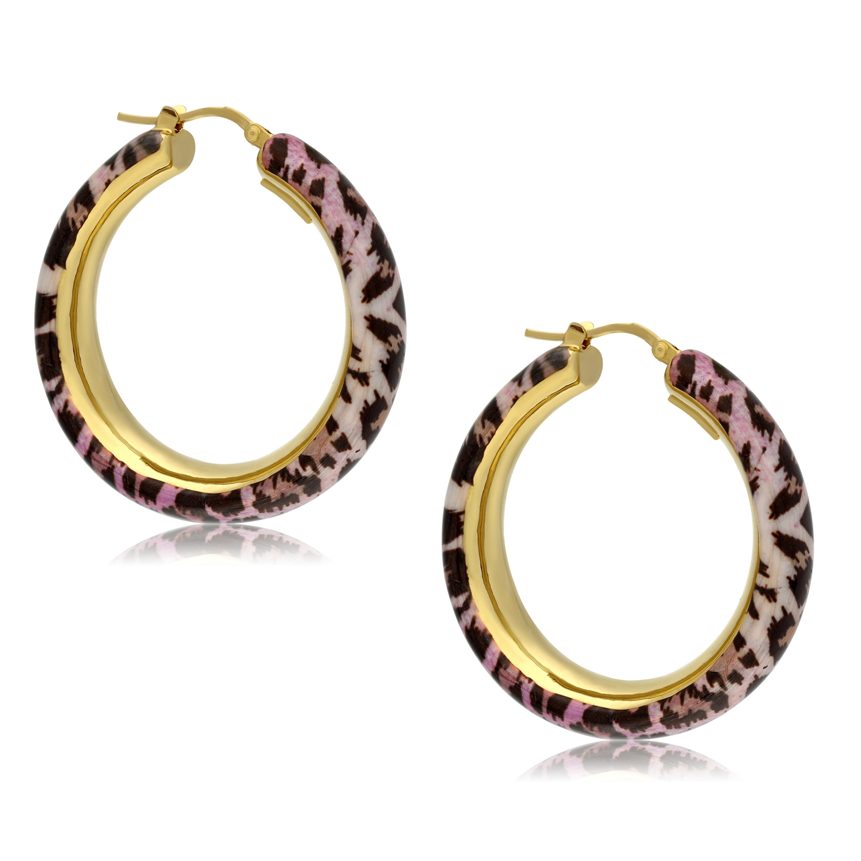 A fashionable pair of hoop earrings featuring a gold-tone metal base complemented by an outer layer adorned with a pink and black animal print pattern. The earrings have a classic circular shape, showcasing a shiny gold interior that contrasts beautifully with the textured, patterned exterior. The design includes a secure clasp for comfortable wear, making these earrings a stylish accessory for any outfit.