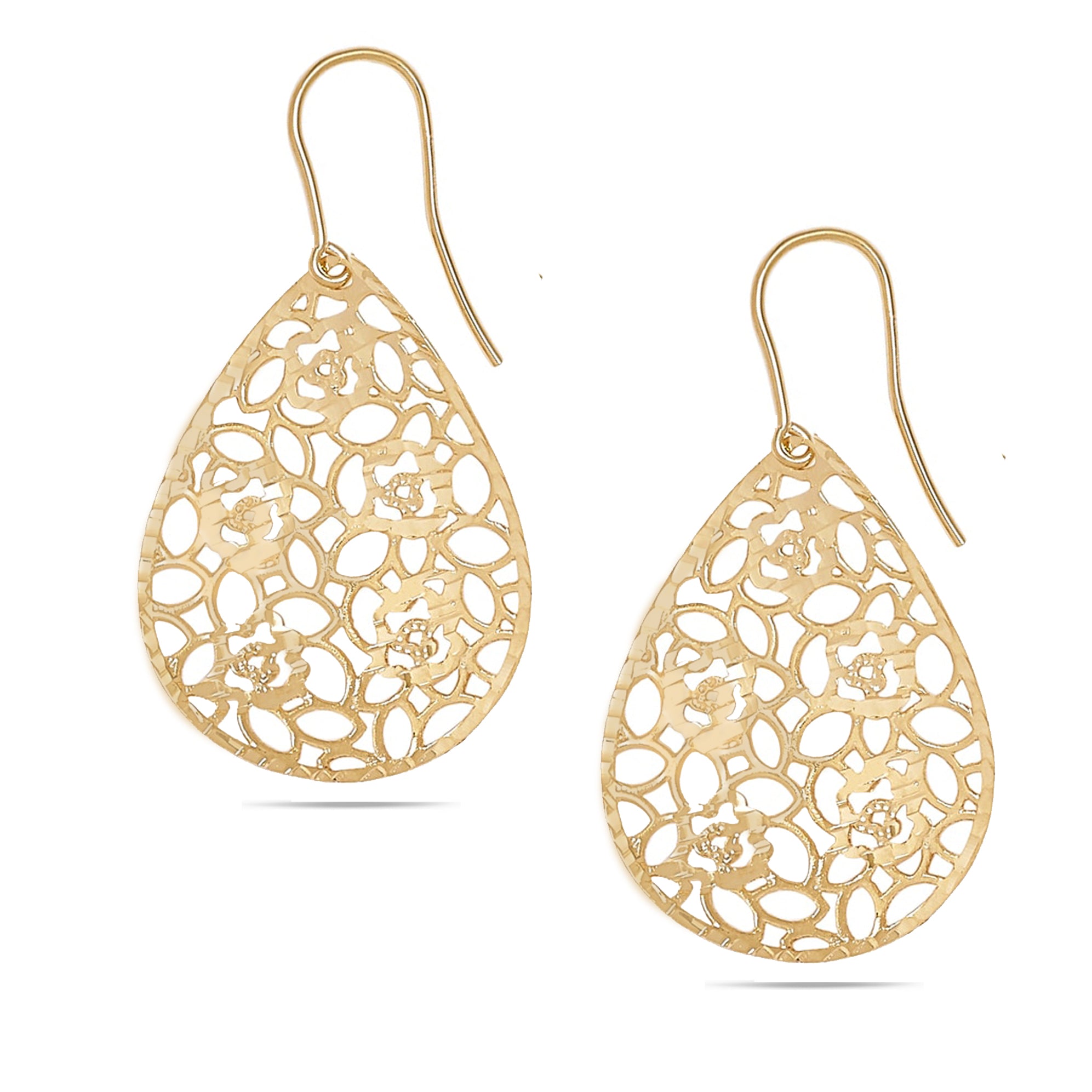A pair of elegant gold-tone earrings featuring intricate cut-out designs in a teardrop shape. The earrings are made of a lightweight material, showcasing a floral and oval pattern that allows light to pass through, adding a delicate touch. They hang from a simple gold hook, making them easy to wear. These earrings are perfect for adding a stylish and feminine accent to any outfit, suitable for both casual and formal occasions.