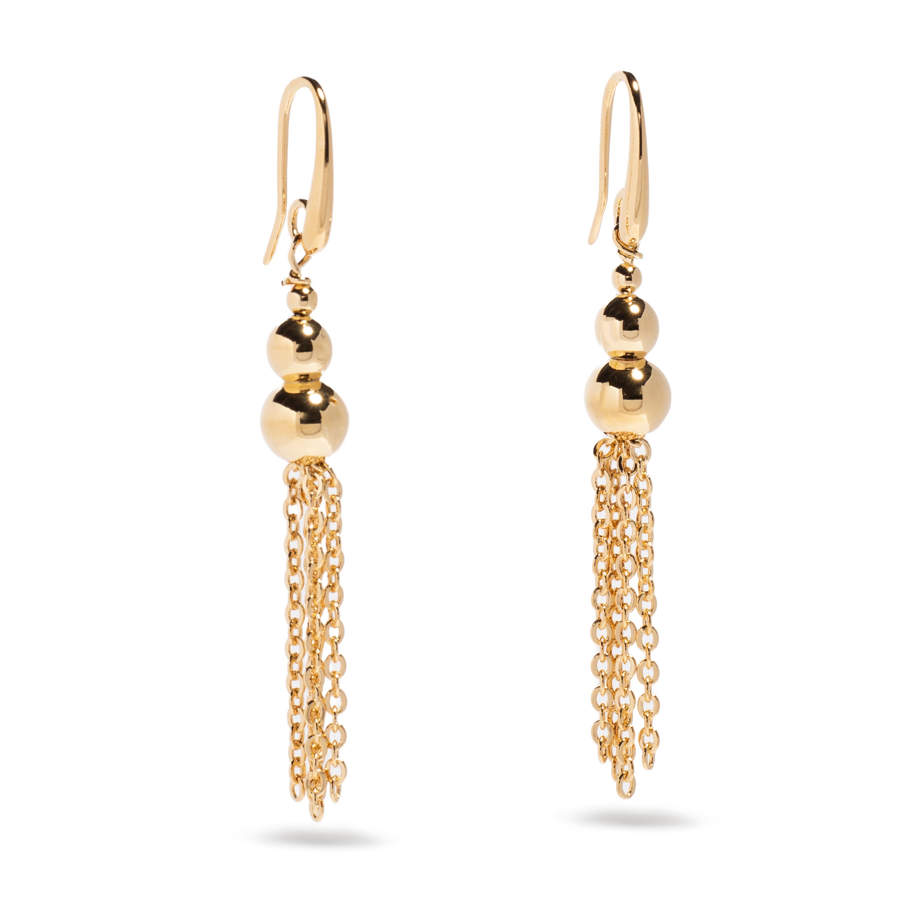 A pair of elegant gold-tone drop earrings featuring two shiny spherical beads at the top and cascading chains below. The earrings have a classic hook design that allows for comfortable wear. The delicate chains add movement and sophistication, making these earrings a perfect accessory for formal and casual occasions alike.