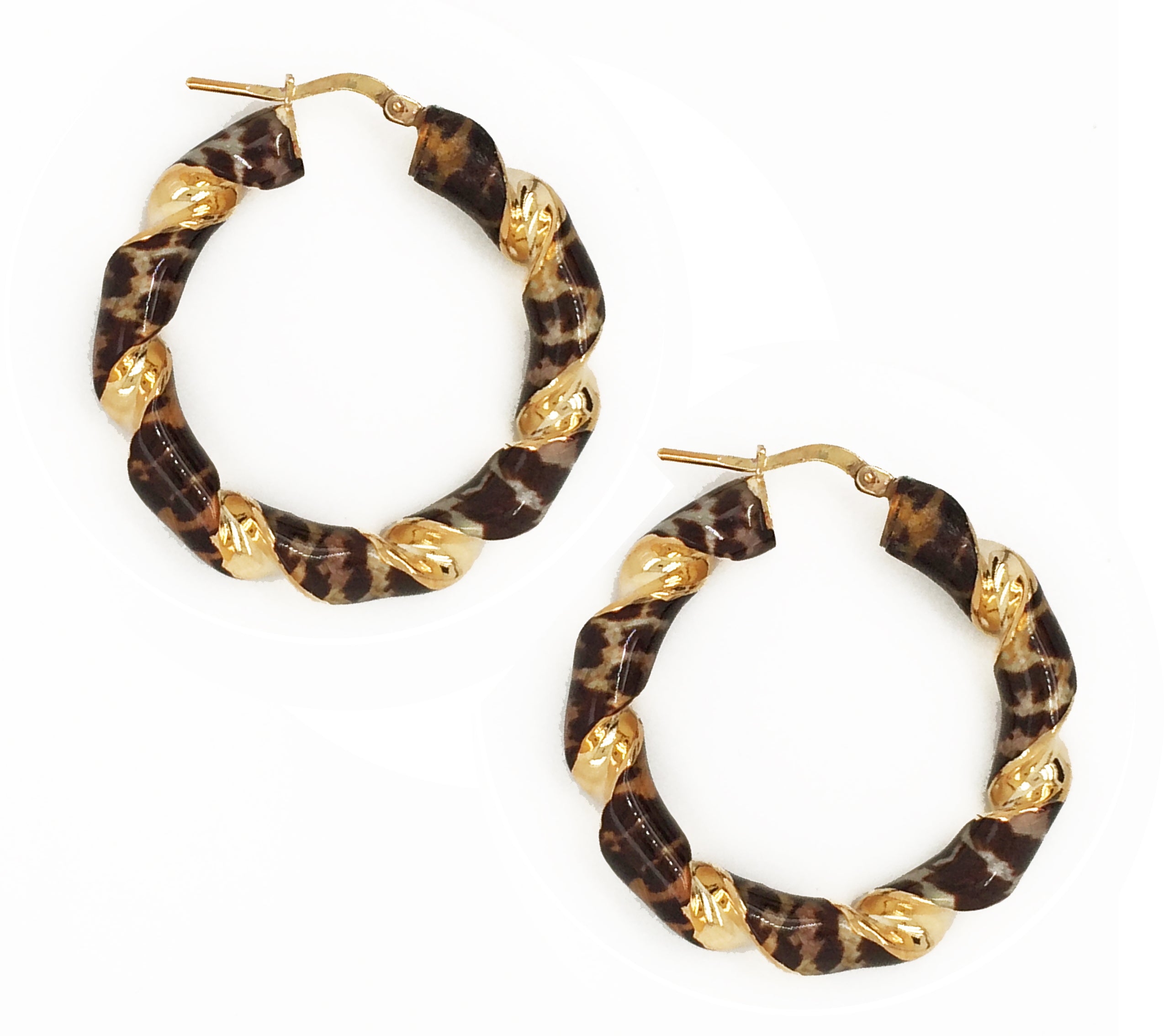A pair of chic hoop earrings featuring a unique design that combines twisted brown and black patterned material with gold-tone accents. The hoops are adorned with elegantly crafted gold elements that add a touch of sophistication. Each earring has a secure latch closure, ensuring they stay in place while making a stylish statement. These earrings are perfect for adding a fashionable flair to any outfit, blending modern aesthetics with a touch of boldness.
