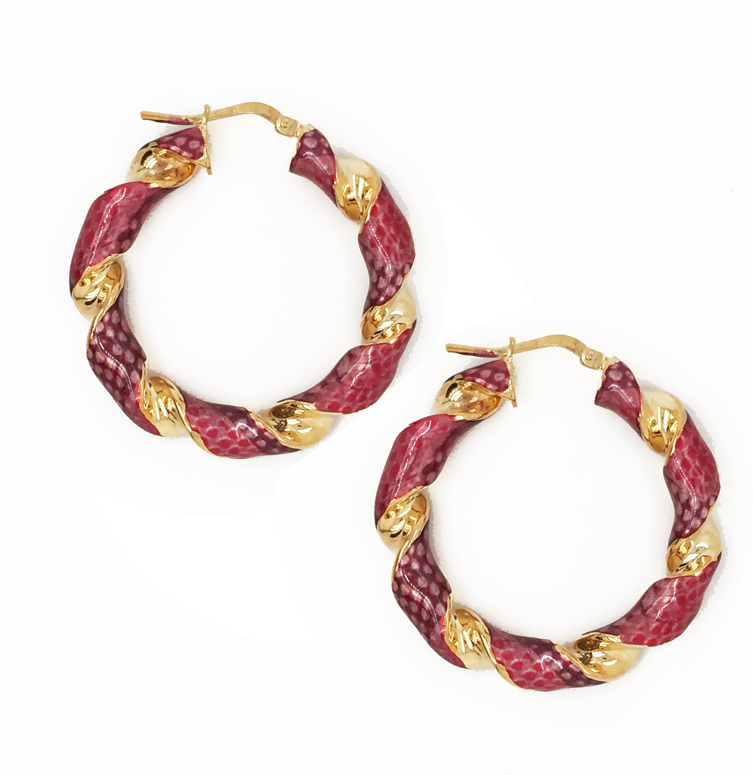 A vibrant pair of hoop earrings featuring a twisted design. The hoops are adorned with a rich red, snakeskin-like texture interspersed with shiny gold-tone accents. The gold accents form small, leaf-shaped elements that add a touch of elegance to the overall design. These earrings offer a bold and stylish look, perfect for adding a pop of color and personality to any outfit.