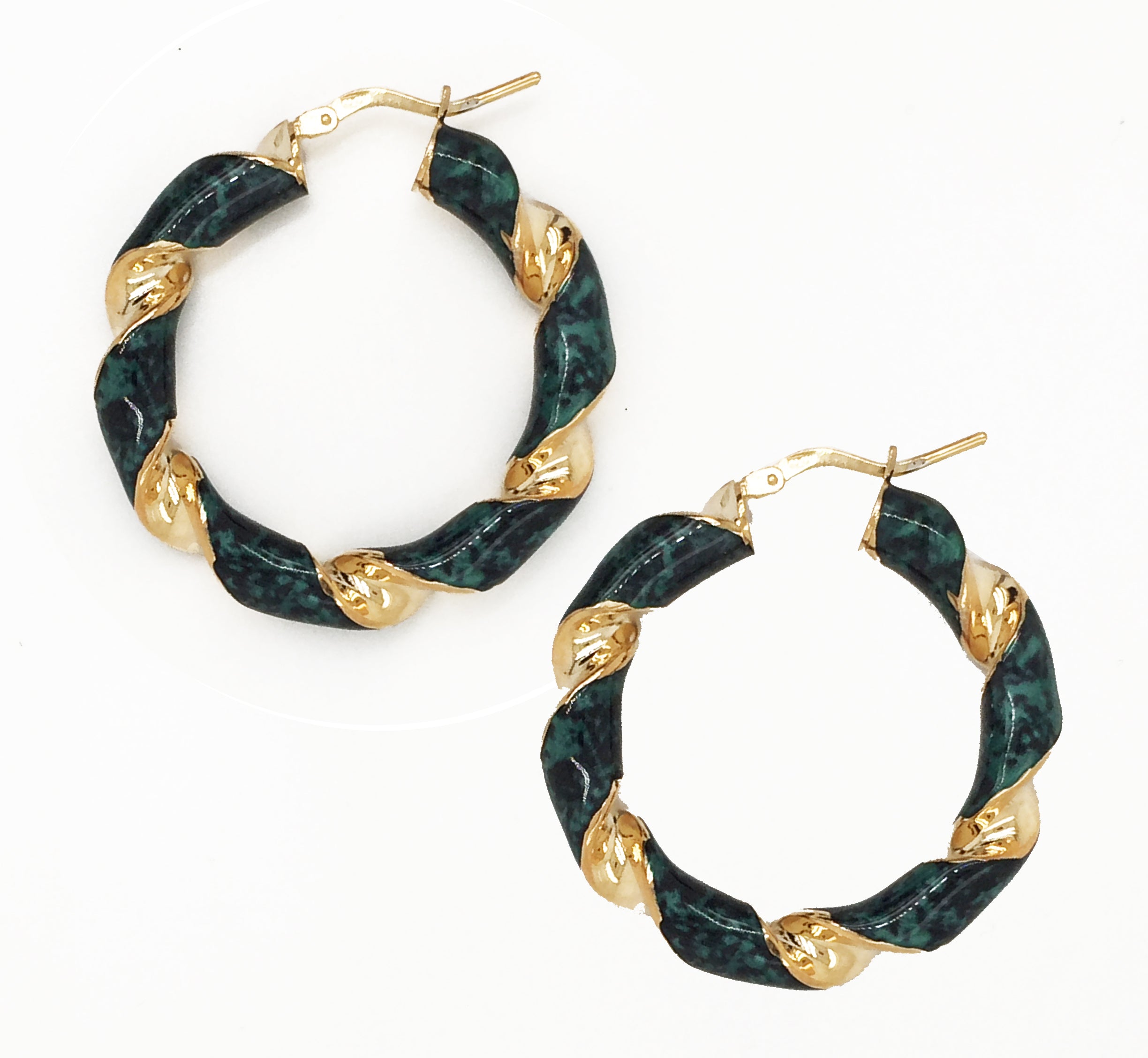 A pair of elegant hoop earrings showcasing a twisted design. Each earring features a combination of deep green and black fabric, artistically intertwined with shiny gold-tone metal accents. The gold sections are shaped like small leaves, adding a touch of sophistication to the hoops. The earrings are completed with secure clasps for easy wear. Perfect for making a bold fashion statement, these earrings beautifully blend vibrant colors with classic metallic elements.
