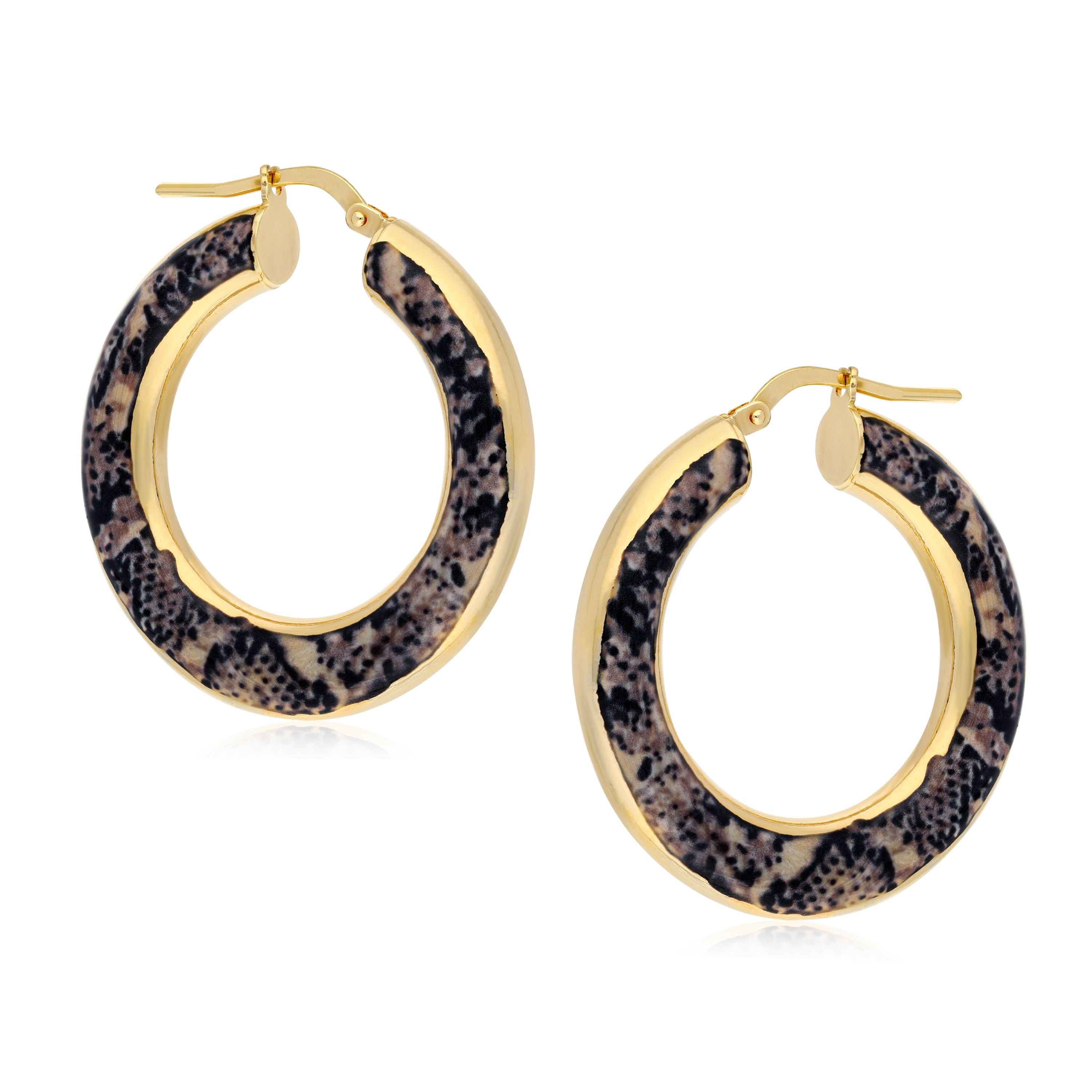 A stylish pair of hoop earrings featuring a gold-tone metal base combined with a textured outer layer resembling snake skin. The earrings have a circular shape with a shiny gold interior and a patterned exterior showcasing shades of brown and black. The design includes a secure clasp for easy wear. These earrings offer a chic, trendy look suitable for various occasions.
