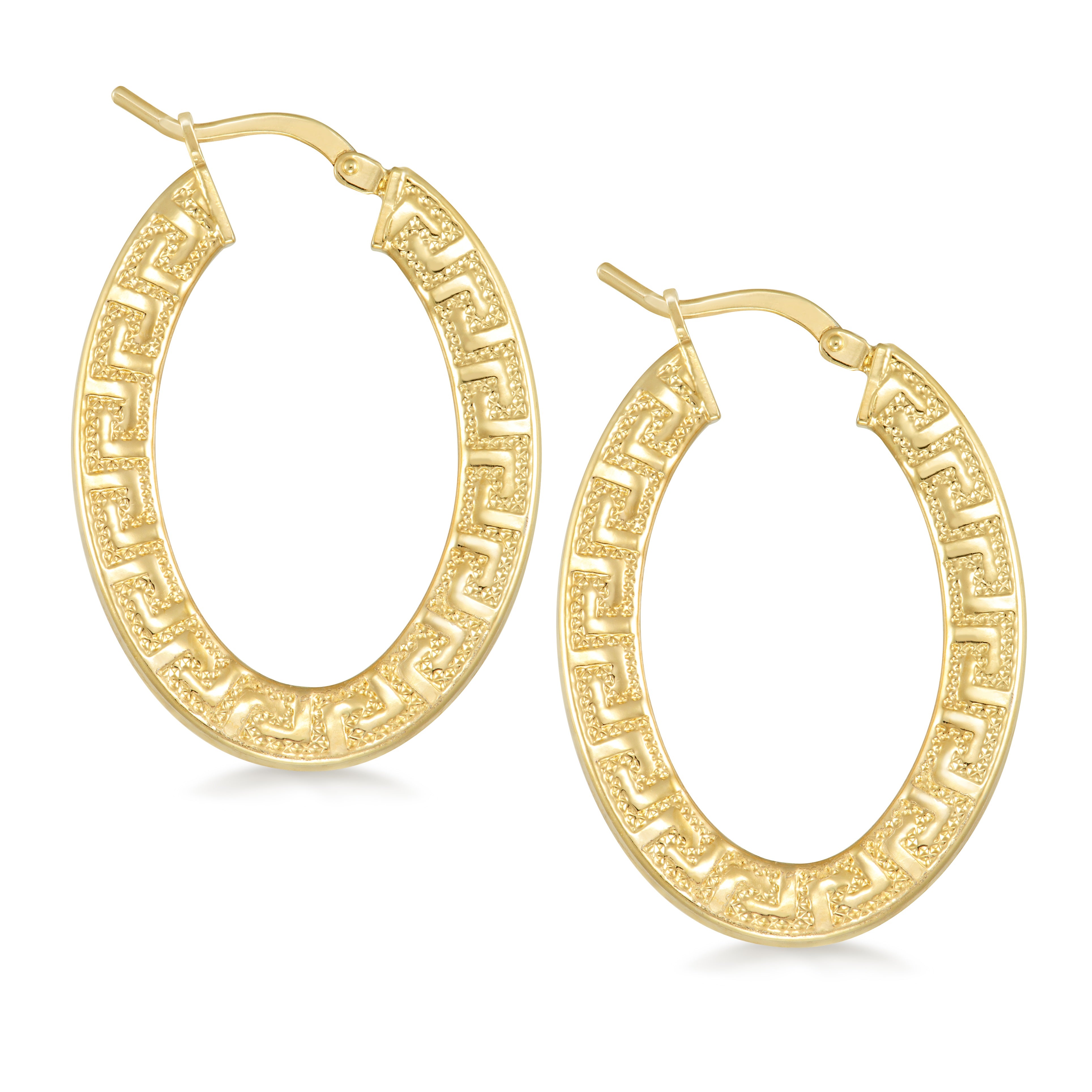 A pair of elegant gold hoop earrings featuring an intricate design. The earrings have a bold oval shape adorned with a textured pattern that includes Greek key motifs, adding a touch of sophistication. The closure is designed for easy wear and security, making these earrings a stylish accessory for any occasion.