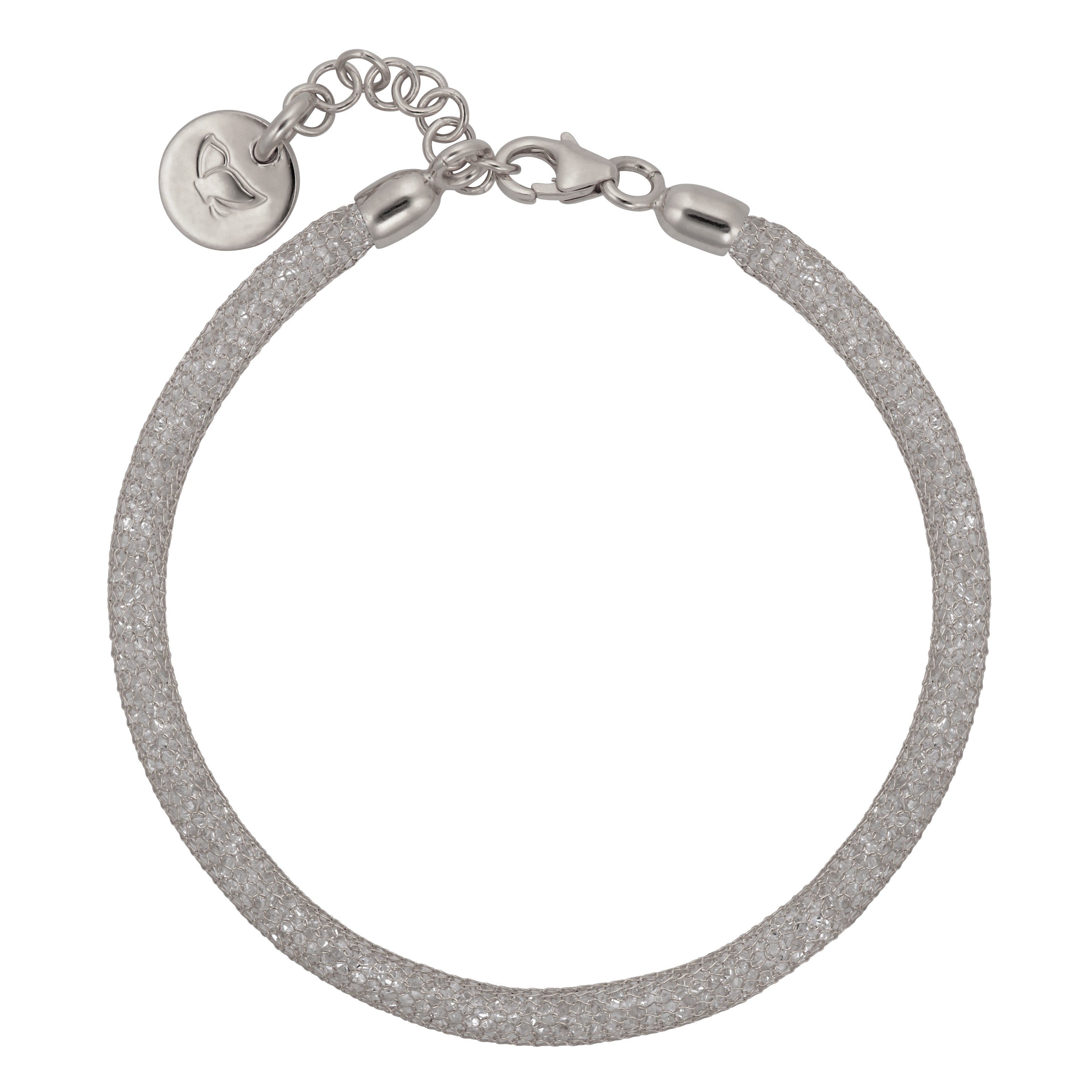 A sleek silver bracelet made from a glittering band, giving it a textured appearance reminiscent of fine crystals. The bracelet is designed with a secure lobster clasp and a chain extension for adjustable sizing. Its minimalist style is accentuated by the sparkling surface, making it an elegant choice for both casual and formal occasions.