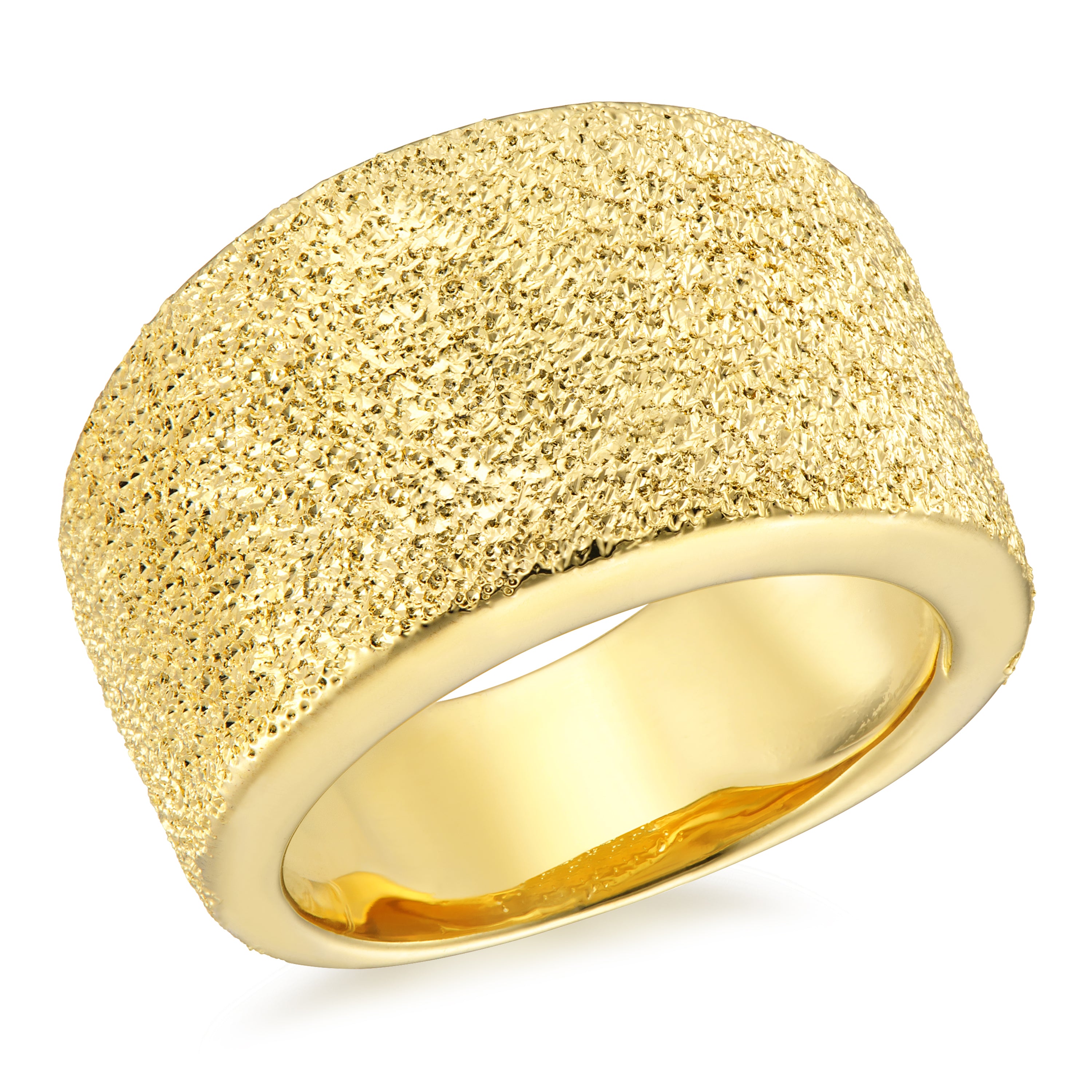 A striking gold ring featuring a wide band with a textured surface that mimics the appearance of fine sand. The rough finish contrasts beautifully with the smooth, polished edges, creating a modern and sophisticated look. This statement ring is perfect for adding a touch of elegance and boldness to any ensemble.