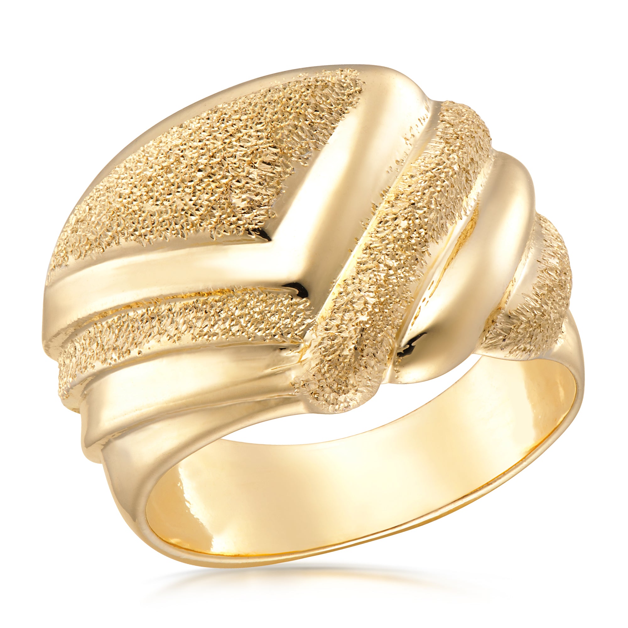 A bold gold ring showcasing an artistic design with a textured surface. The ring features smooth, rounded edges that contrast with the brushed, matte-like finish on the textured areas, creating a visually striking appearance. The intricate detailing adds depth, making it a standout piece in any jewelry collection.