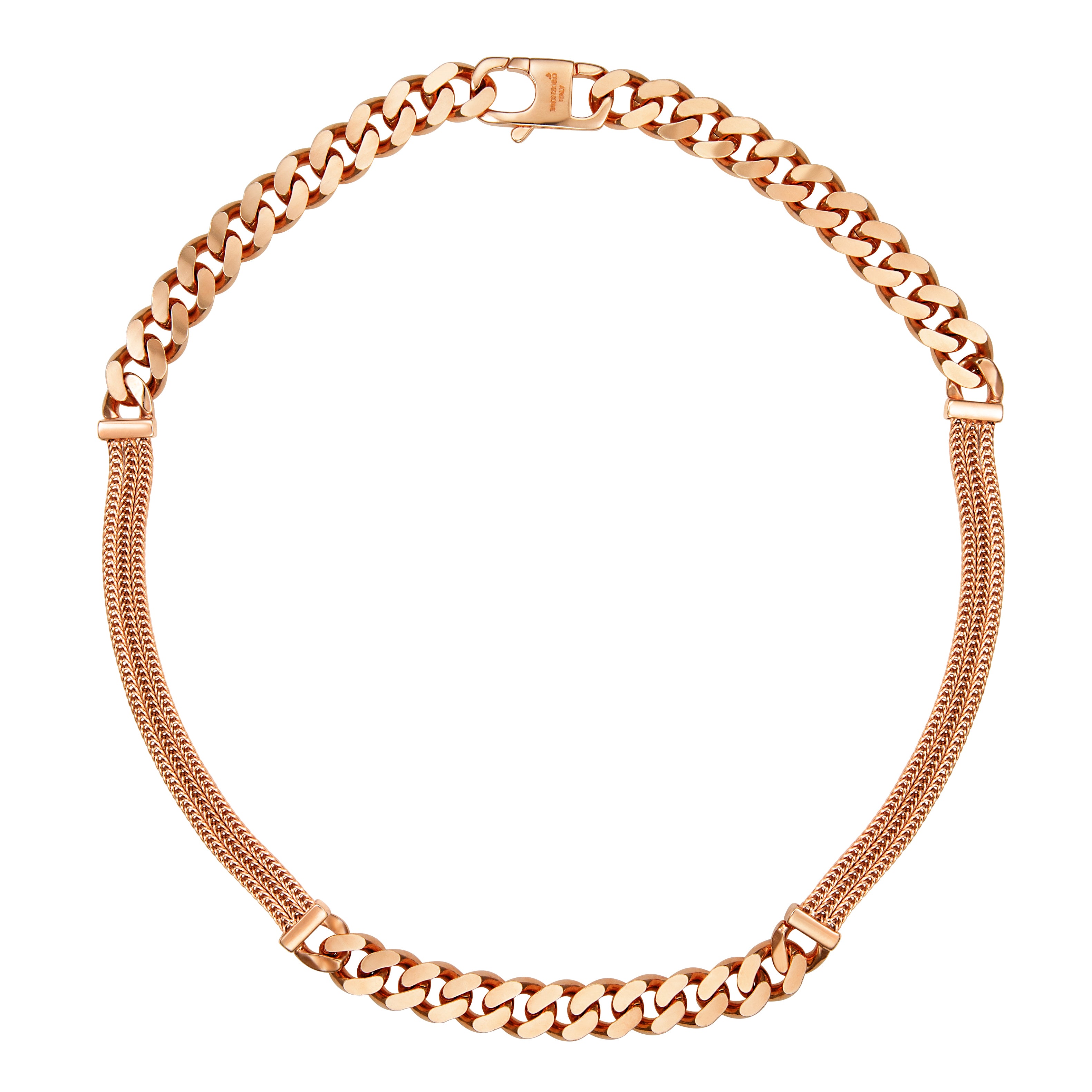 Rose gold necklace featuring a bold curb chain design complemented by delicate mesh chains on the sides, combining modern style with contrasting textures.