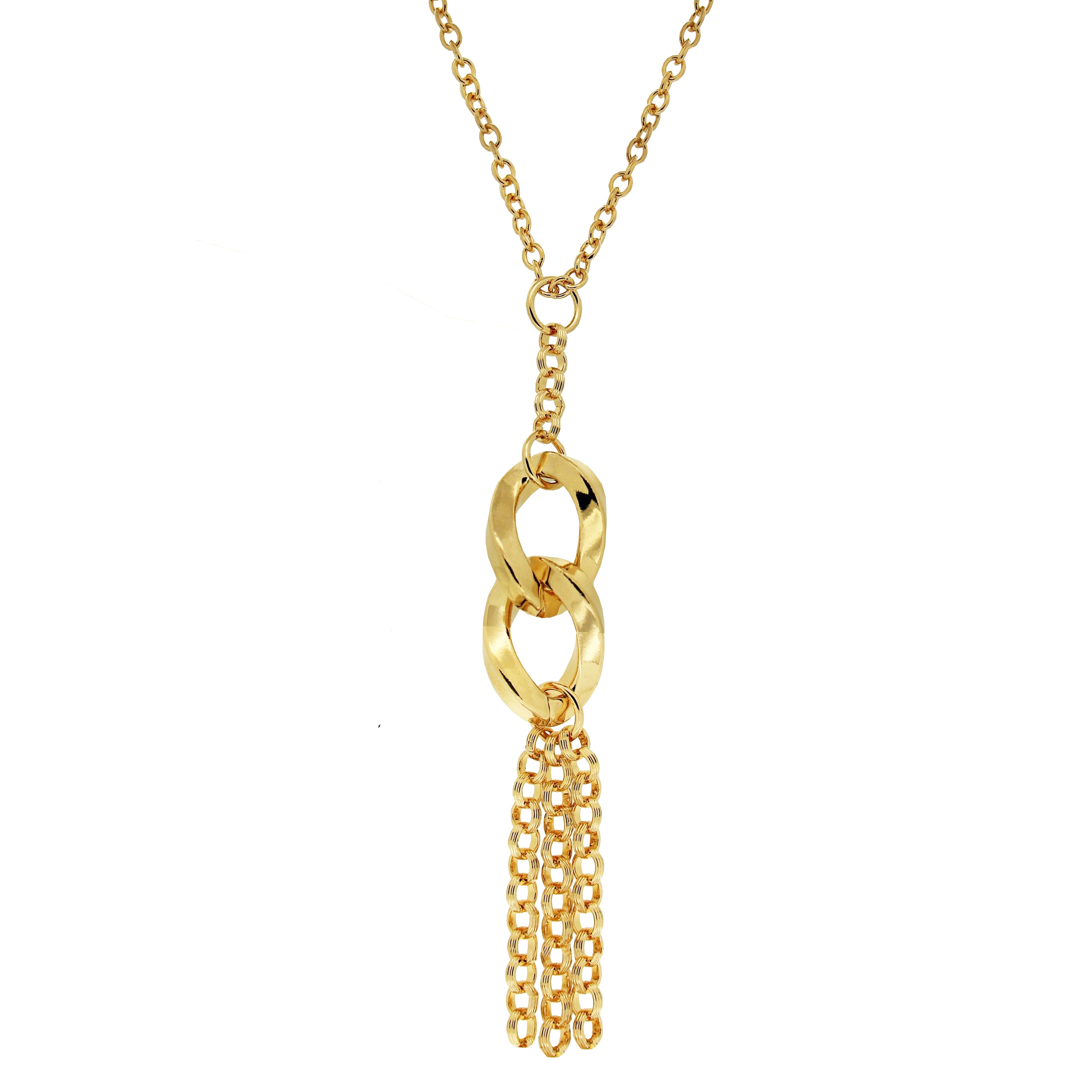 A contemporary gold necklace featuring a striking design. The centerpiece consists of two interlocking oval links, showcasing a polished finish that catches the light beautifully. Below the links, a cascade of delicate gold chains creates a tassel effect, adding movement and elegance to the piece. This necklace is ideal for adding a touch of glamour to both casual and formal outfits.