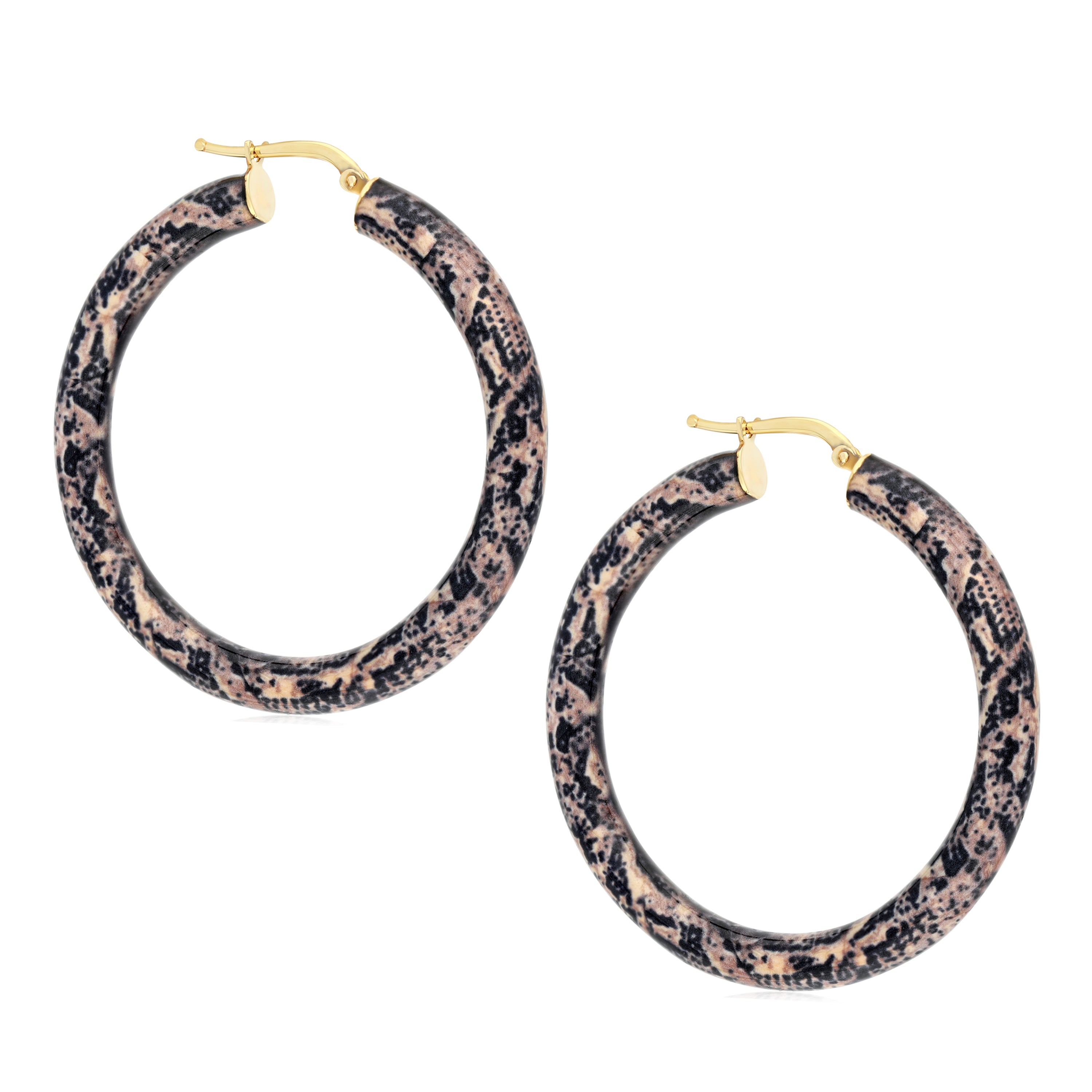 A stylish pair of hoop earrings featuring a striking snake print design. The hoops are made of a textured material in shades of black and beige, mimicking the appearance of snakeskin. Accented with a gold-tone latch closure, these earrings offer a fashionable twist on classic hoop styles, perfect for adding a touch of wild elegance to any outfit.