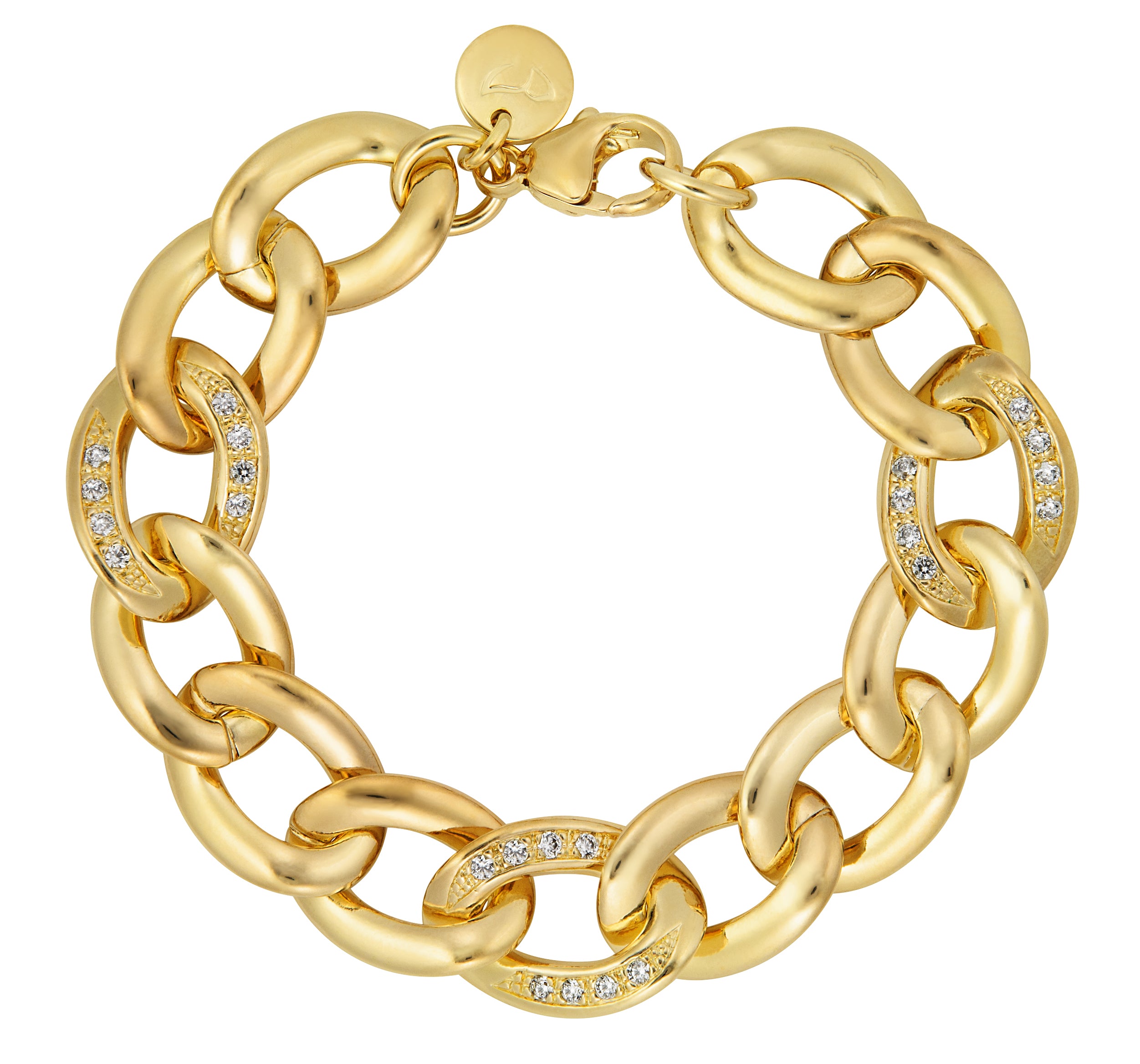 A luxurious gold bracelet featuring a chunky chain design with interlocking links. Some of the links are adorned with small sparkling crystals, adding a touch of elegance and glamour. The clasp is a simple yet secure lobster style, ensuring ease of wear. The bright gold finish gives the bracelet a rich and opulent look, making it an ideal statement piece for any occasion.