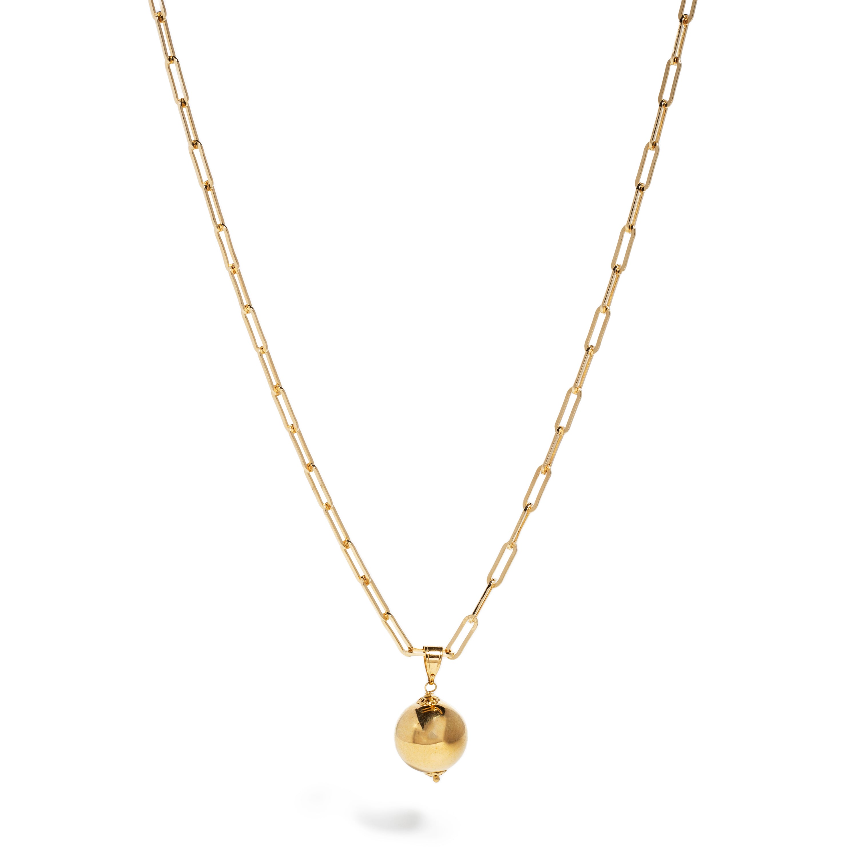Gold paperclip chain necklace adorned with a polished spherical pendant, combining modern elegance with a playful design.