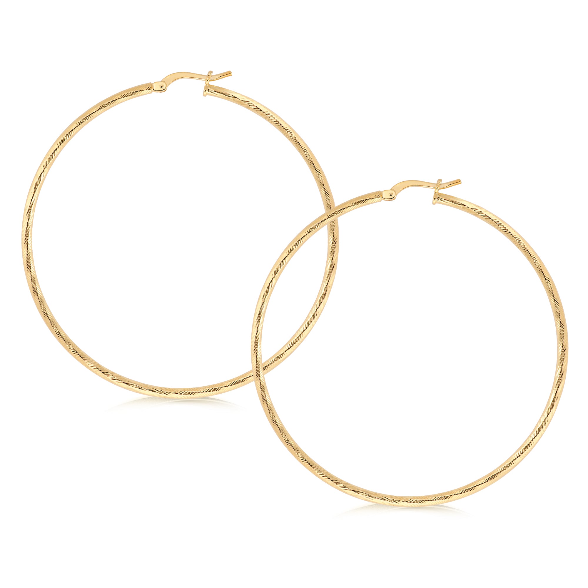 A pair of elegant gold hoop earrings featuring a twisted design. The hoops have a delicate texture that catches the light beautifully, adding a touch of sophistication. Designed with a secure latch closure, these earrings offer both style and comfort, making them a versatile accessory for any outfit.