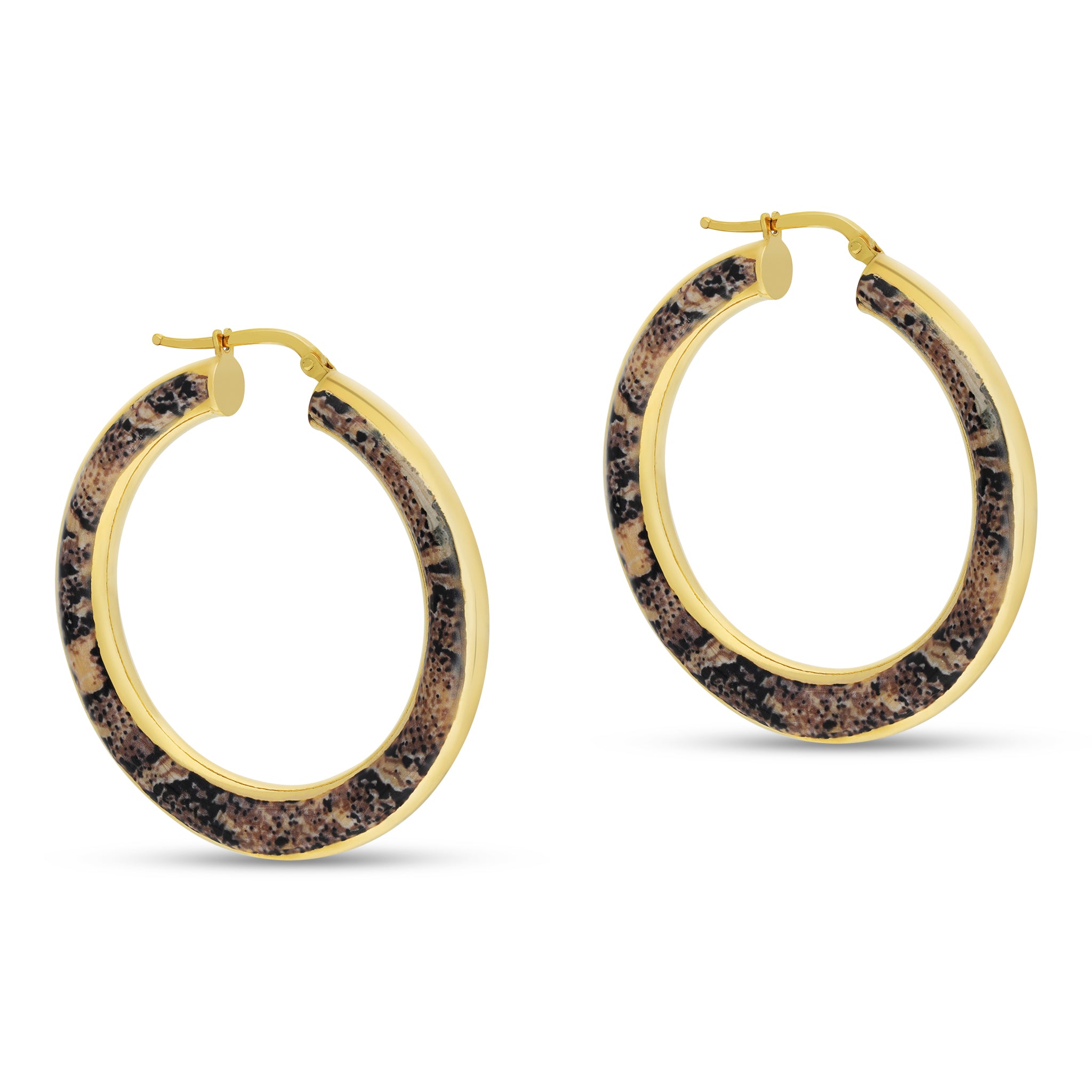 A pair of gold-tone hoop earrings featuring a unique design with a faux snake skin pattern. The earrings consist of a circular gold hoop with a patterned outer layer resembling snake skin in shades of brown and black. The shiny gold interior contrasts beautifully with the textured outer design, giving the earrings an elegant yet trendy look. These earrings are suitable for adding a stylish flair to any outfit.