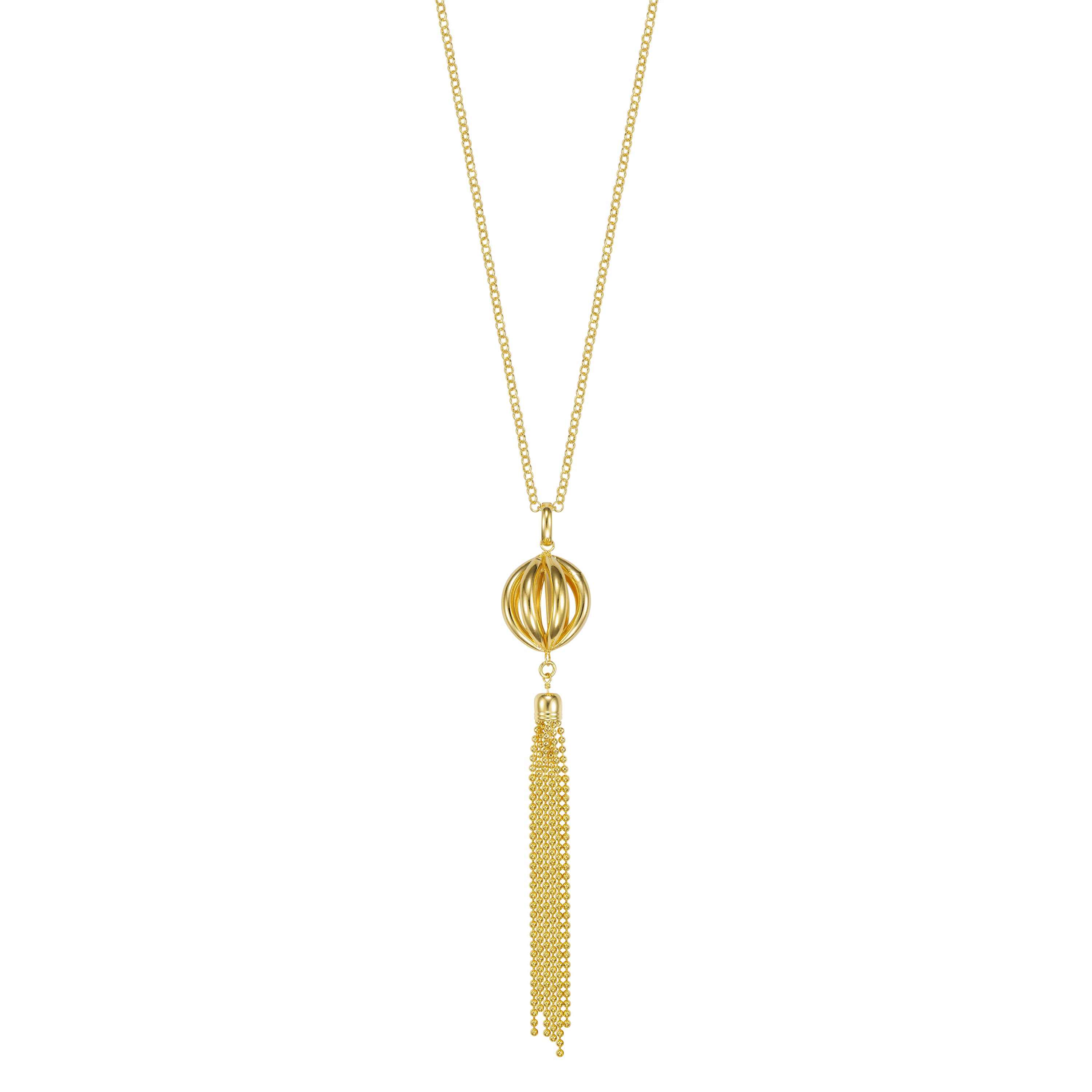 A stylish gold pendant necklace featuring a unique design. The pendant consists of a series of intertwined golden rings that form a spherical shape, with a delicate gold chain leading to a long tassel made of fine chains cascading down. The necklace is elegant and eye-catching, perfect for adding a touch of sophistication to any outfit.