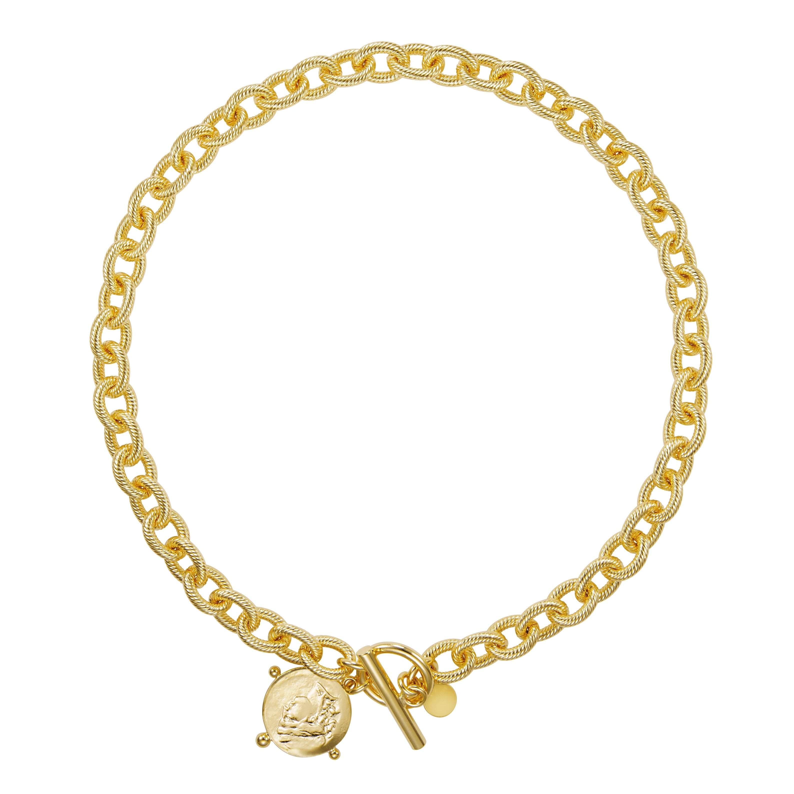 Gold chain necklace with round links and a twisted rope design, featuring a coin-like charm and a toggle clasp.