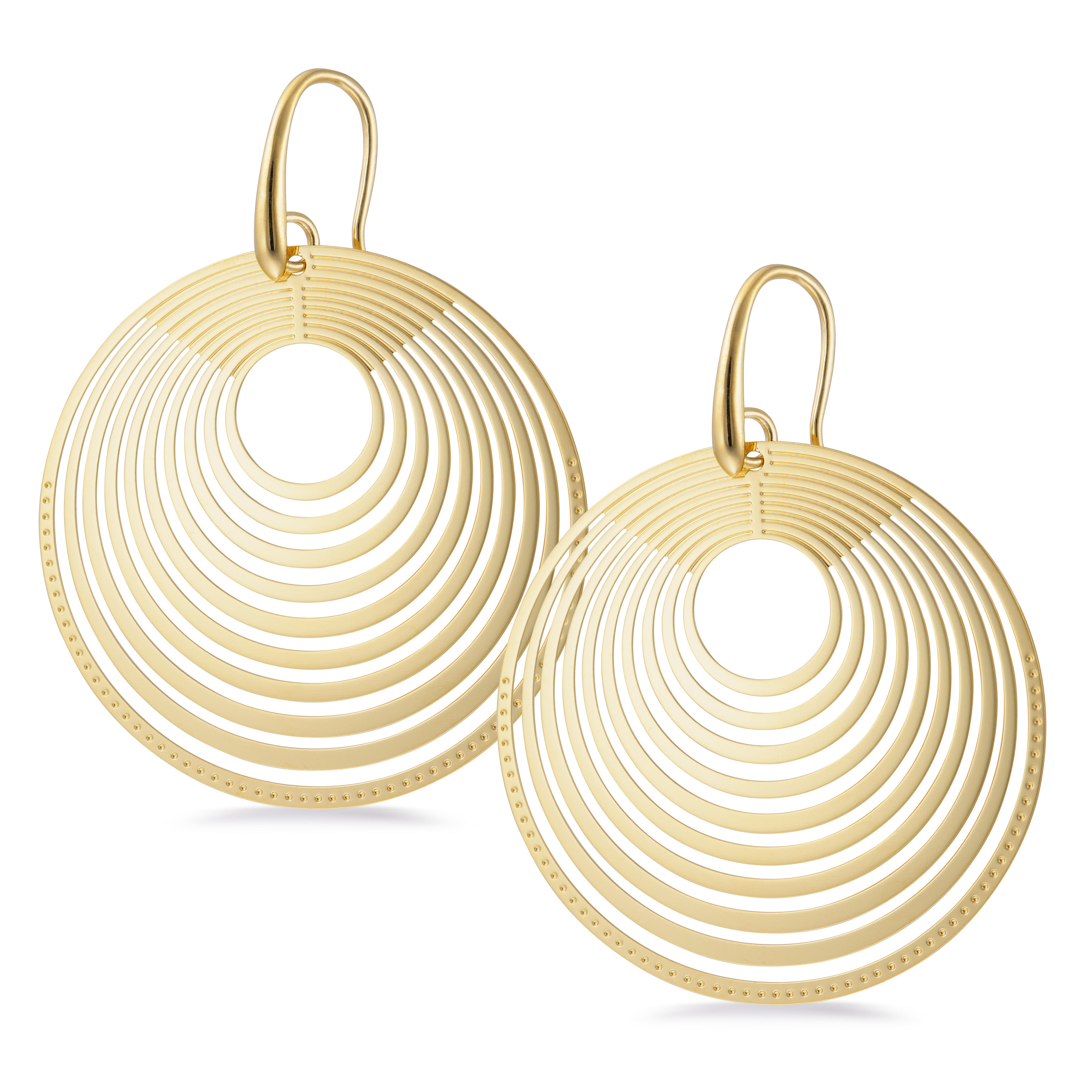 A stylish pair of gold-tone earrings featuring a modern design with multiple concentric rings. The earrings are circular in shape, with a hollow center and a series of elegantly spaced lines radiating outward.