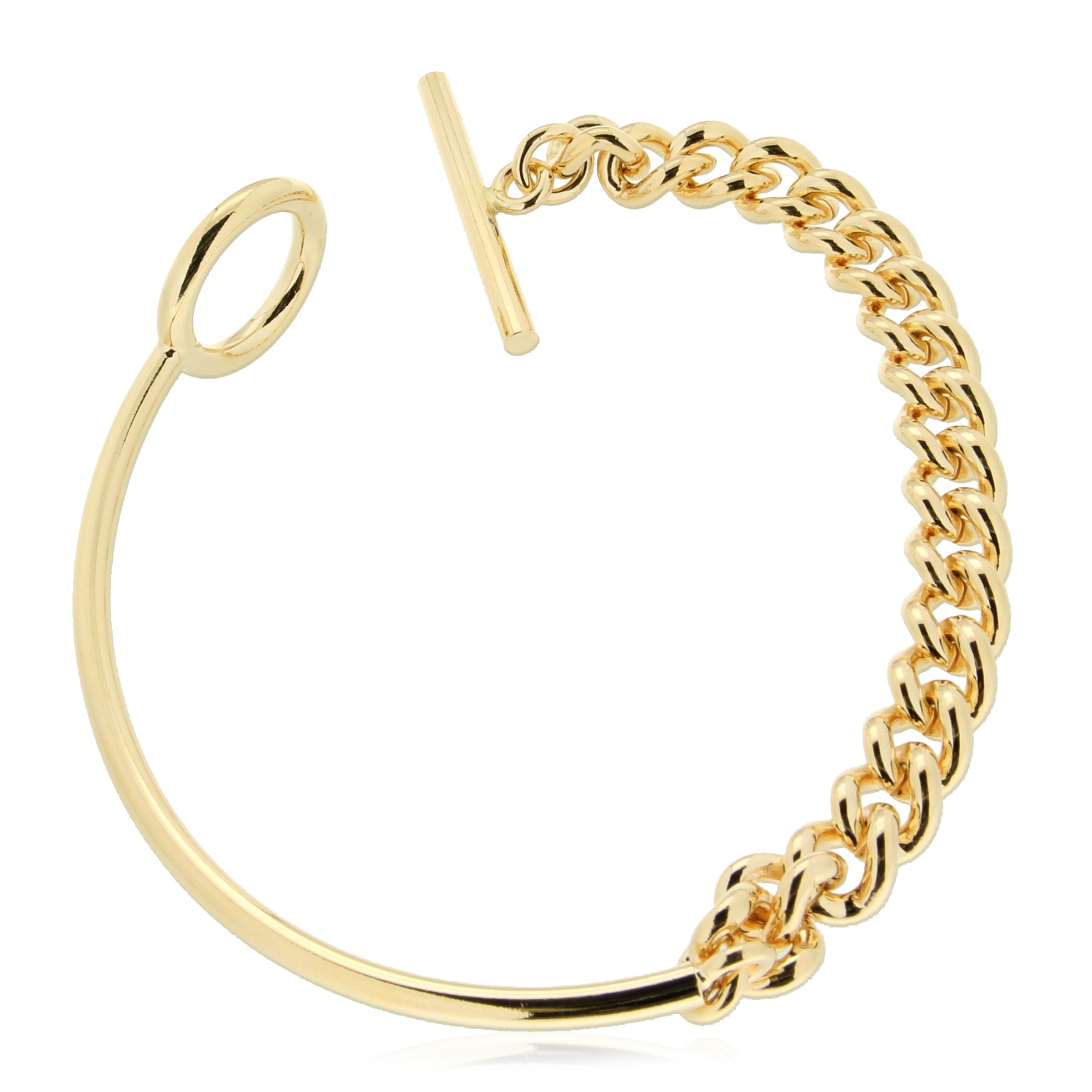 A modern gold bracelet featuring a minimalist design with a sleek, curved band and a chain section adorned with chunky links. The bracelet closes with a chic toggle clasp, blending contemporary style with elegance. This versatile piece can be worn alone for a subtle statement or layered with other bracelets for a more dynamic look.