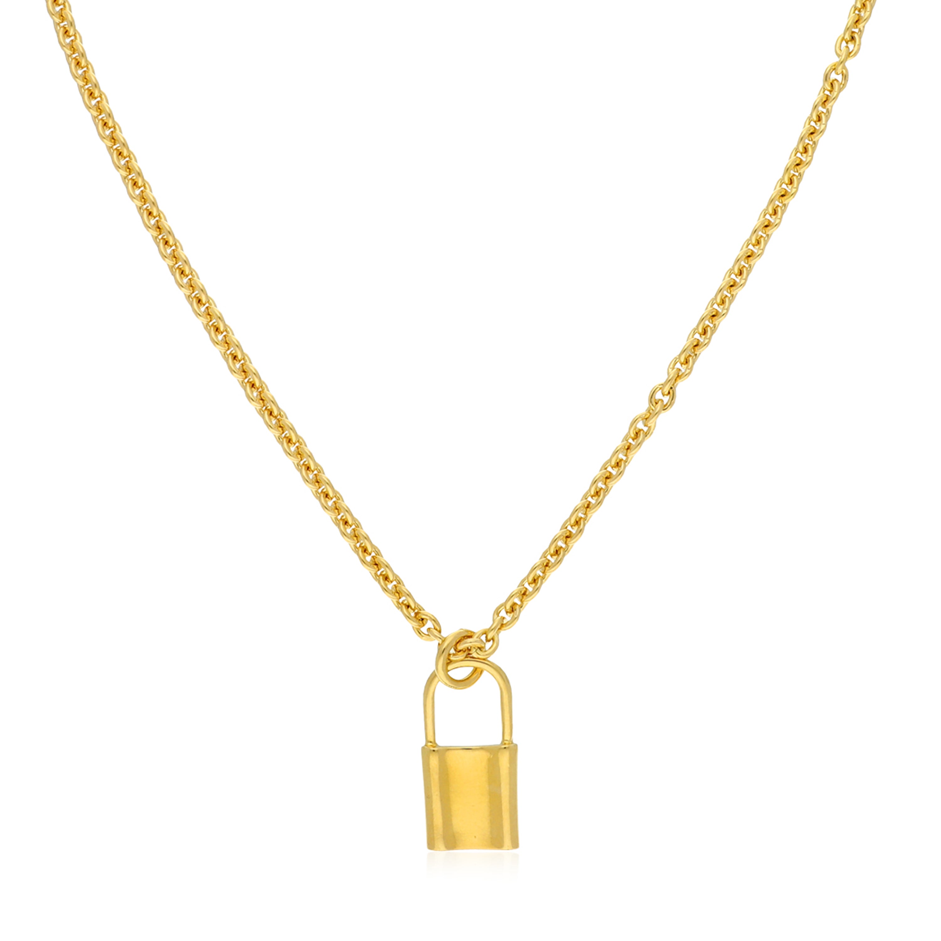 A trendy gold necklace featuring a simple yet stylish design. The necklace consists of a delicate gold chain with small, linked oval shapes. A standout feature is the pendant, designed to resemble a padlock, which adds a modern and playful touch. This versatile piece is perfect for layering with other necklaces or wearing on its own for a minimalist look.