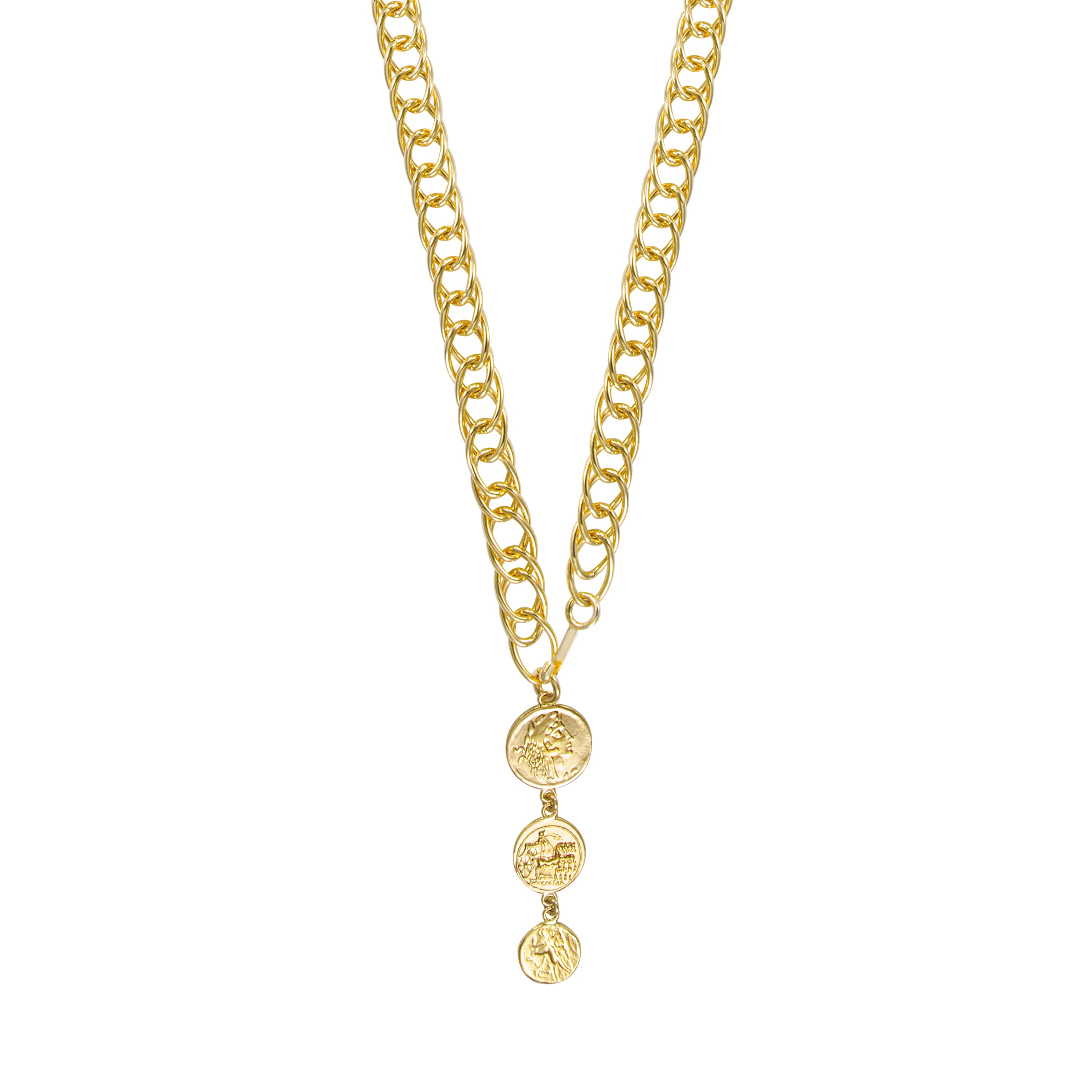 A stylish gold necklace featuring two thick, intertwined chains that converge into a single strand. Hanging from the center is a trio of circular pendants, each adorned with intricate, embossed designs, adding a touch of sophistication. This necklace is perfect for elevating casual or formal outfits.