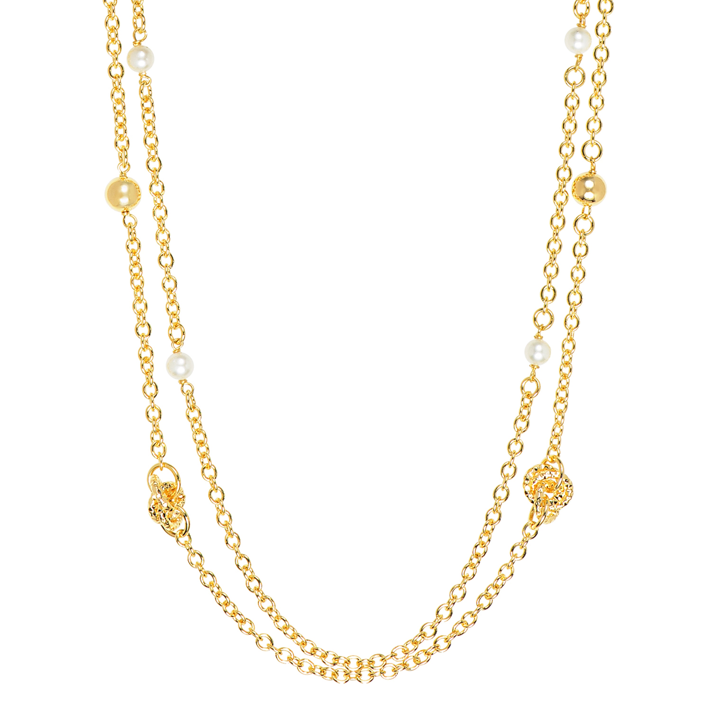 Elegant layered gold-toned necklace with smooth gold beads and small pearls, featuring an intricate clasp design.